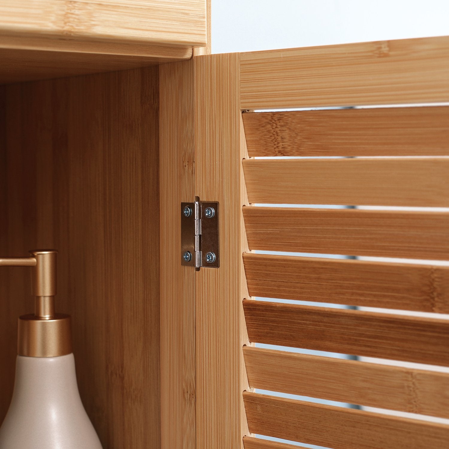 Badrumsskåp i bambu med låda och hyllor, 32x30x163 cm