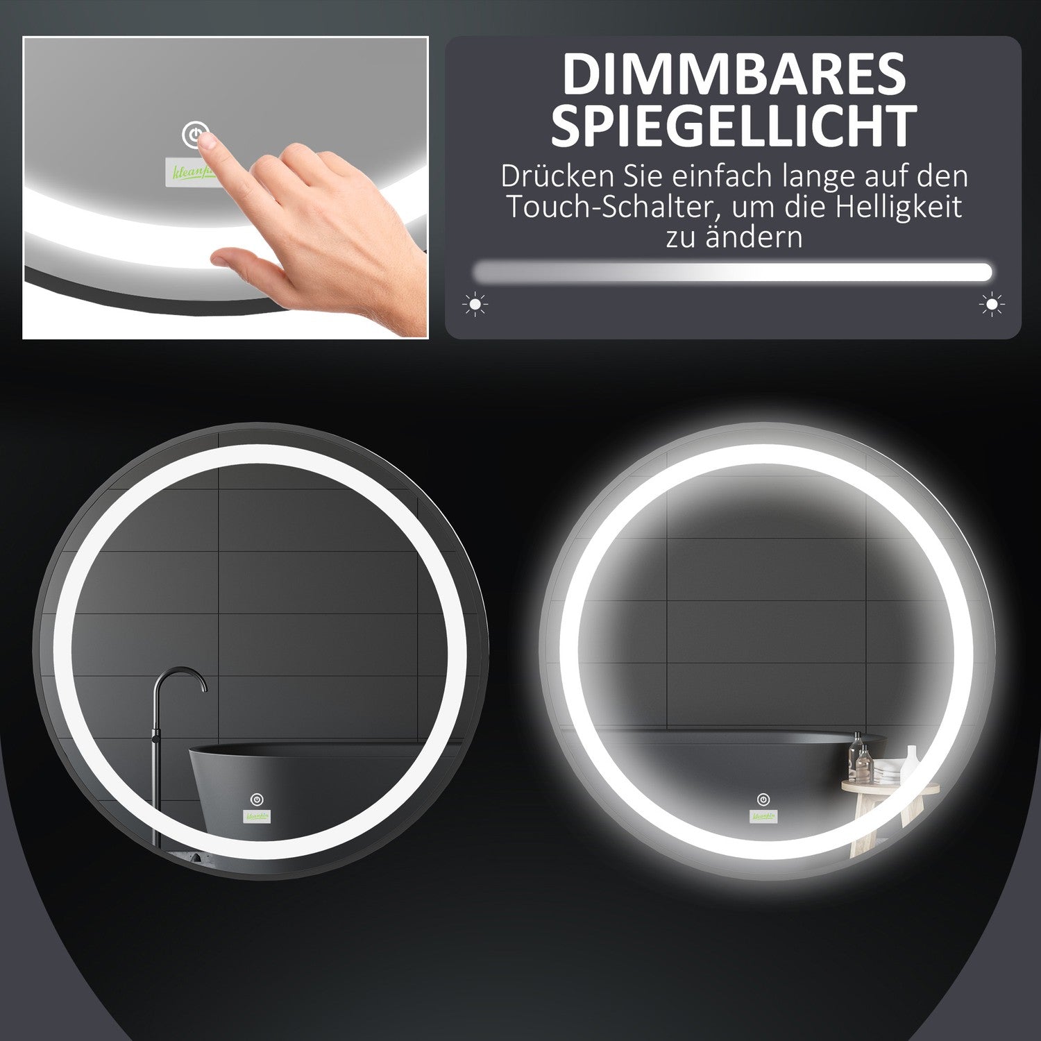 LED badrumsspegel – 60 cm, Touch & Memory, Svart, IP44-klassning