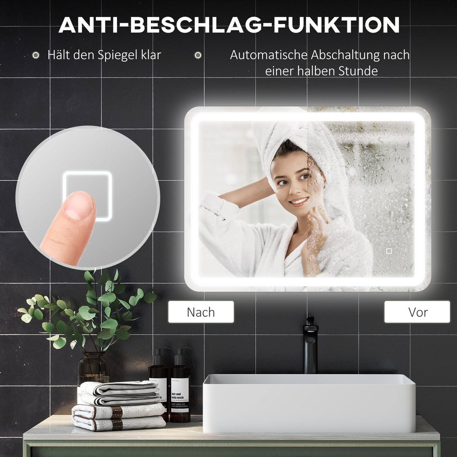 Badrumsspegel, LED, Anti-Imma, Touch Control, 60x80 cm