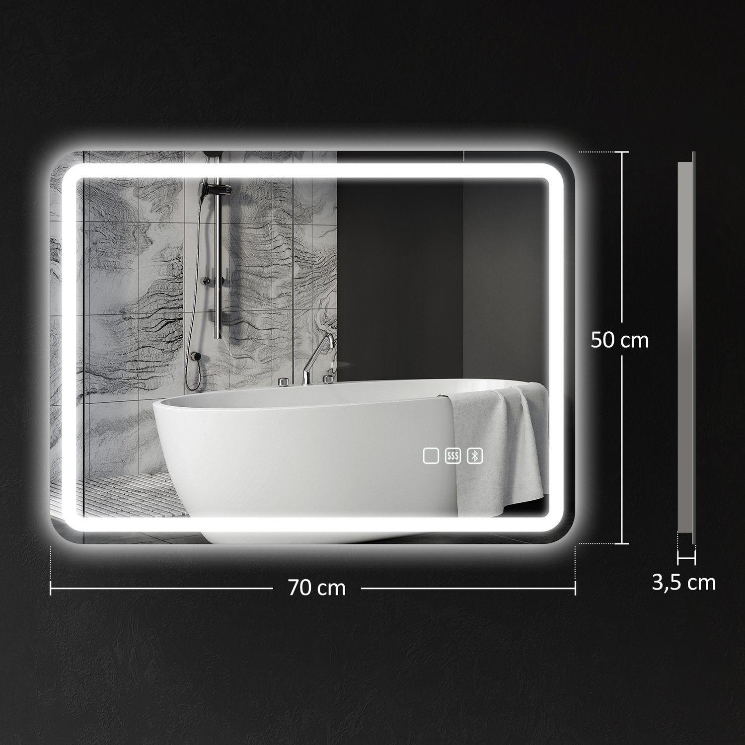 Badrumsspegel med LED-belysning, anti-dimkudde, 3 justerbara färger, 700 x 900 mm, silver