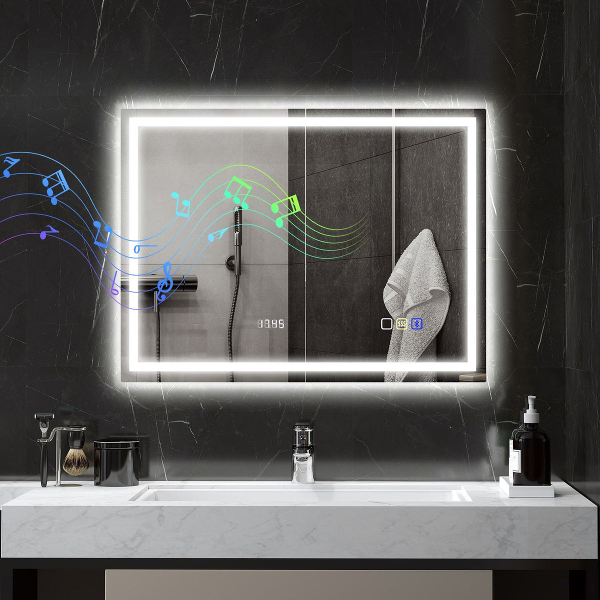 Baderomsspeil med LED-belysning, antiduggpute, 3 justerbare farger, klokke, 600 x 800 mm, sølv
