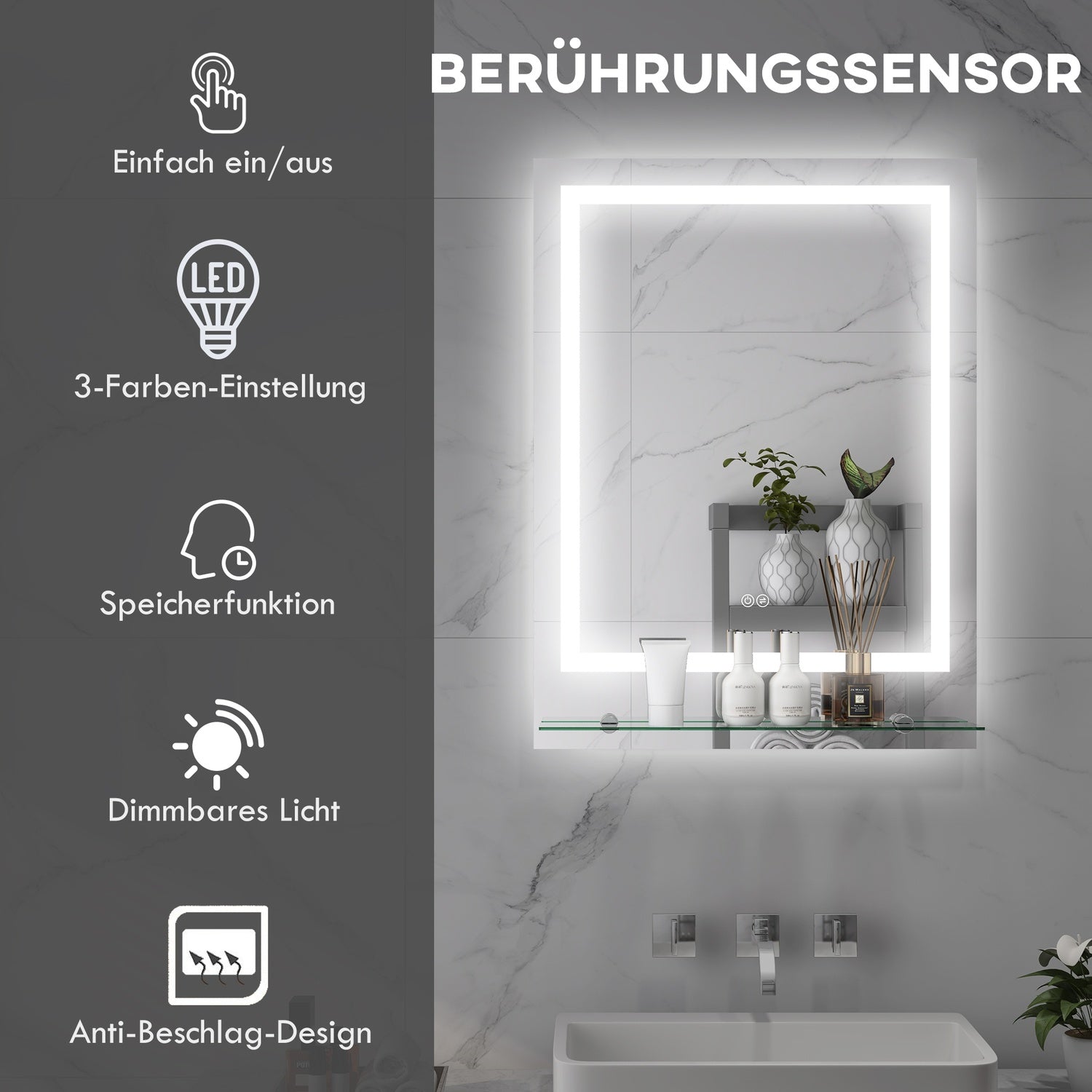 Badrumsspegel med belysning och anti-dim, 70 x 50 cm