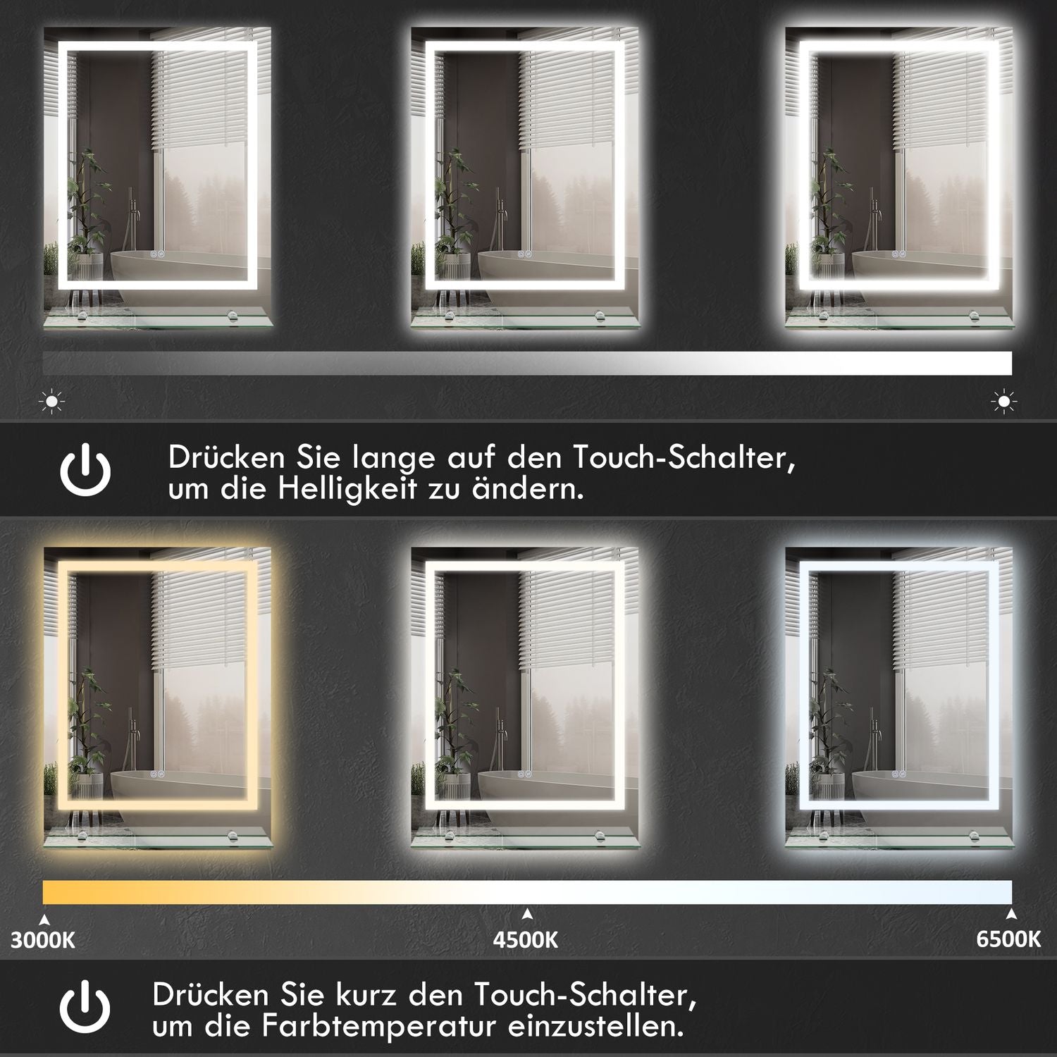 Badrumsspegel med belysning och anti-dim, 70 x 50 cm