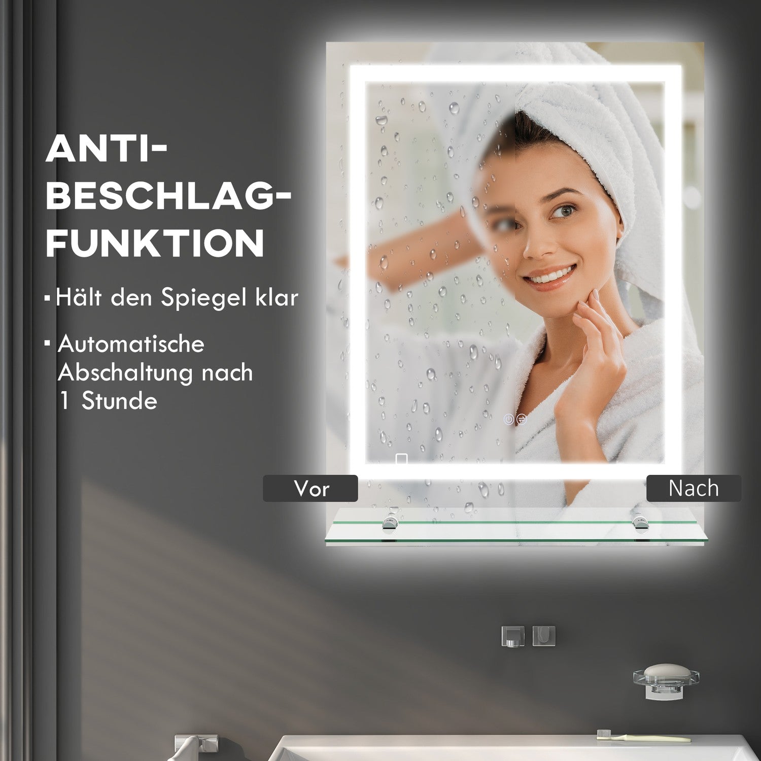 Badrumsspegel med belysning och anti-dim, 70 x 50 cm
