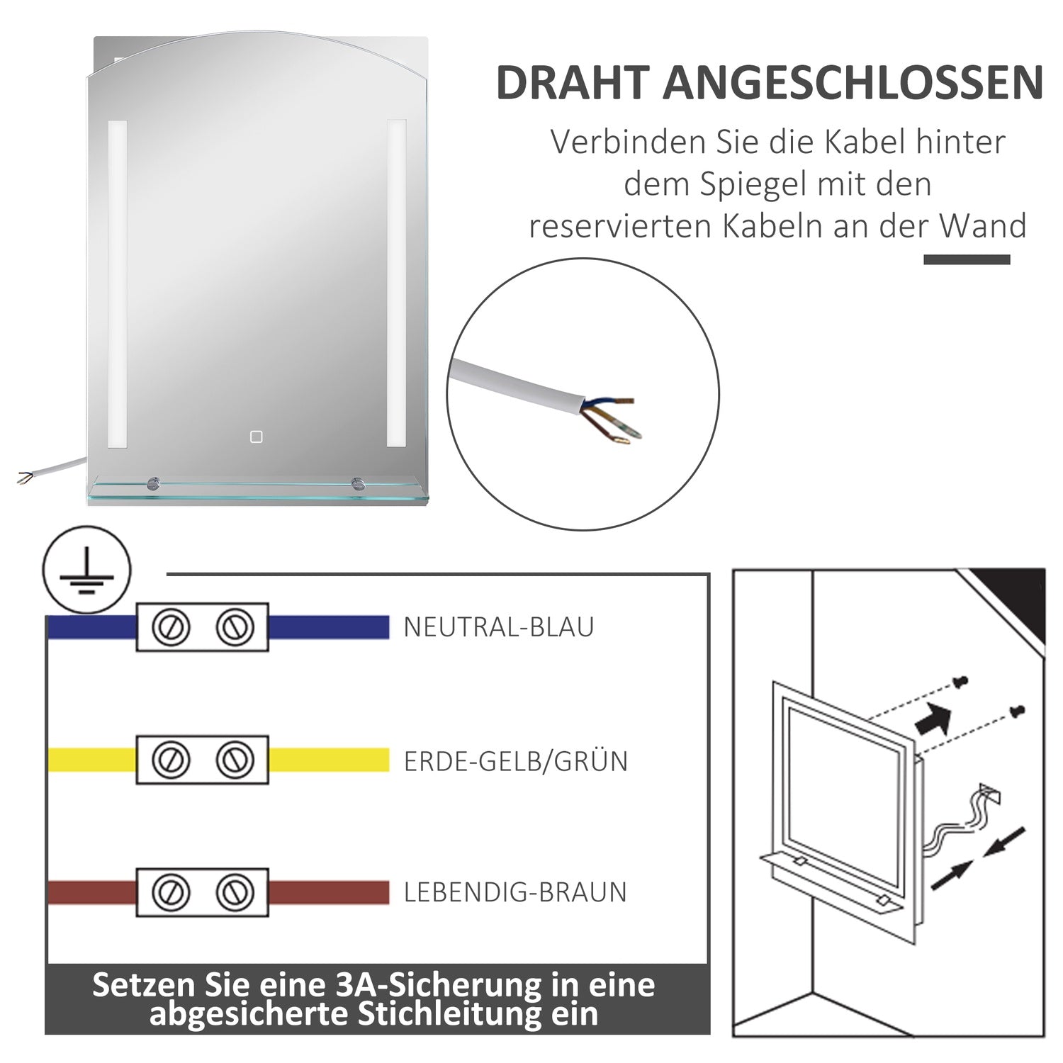 Badrumsspegel med lampor, 3 färger & Touch Switch, 50x70cm
