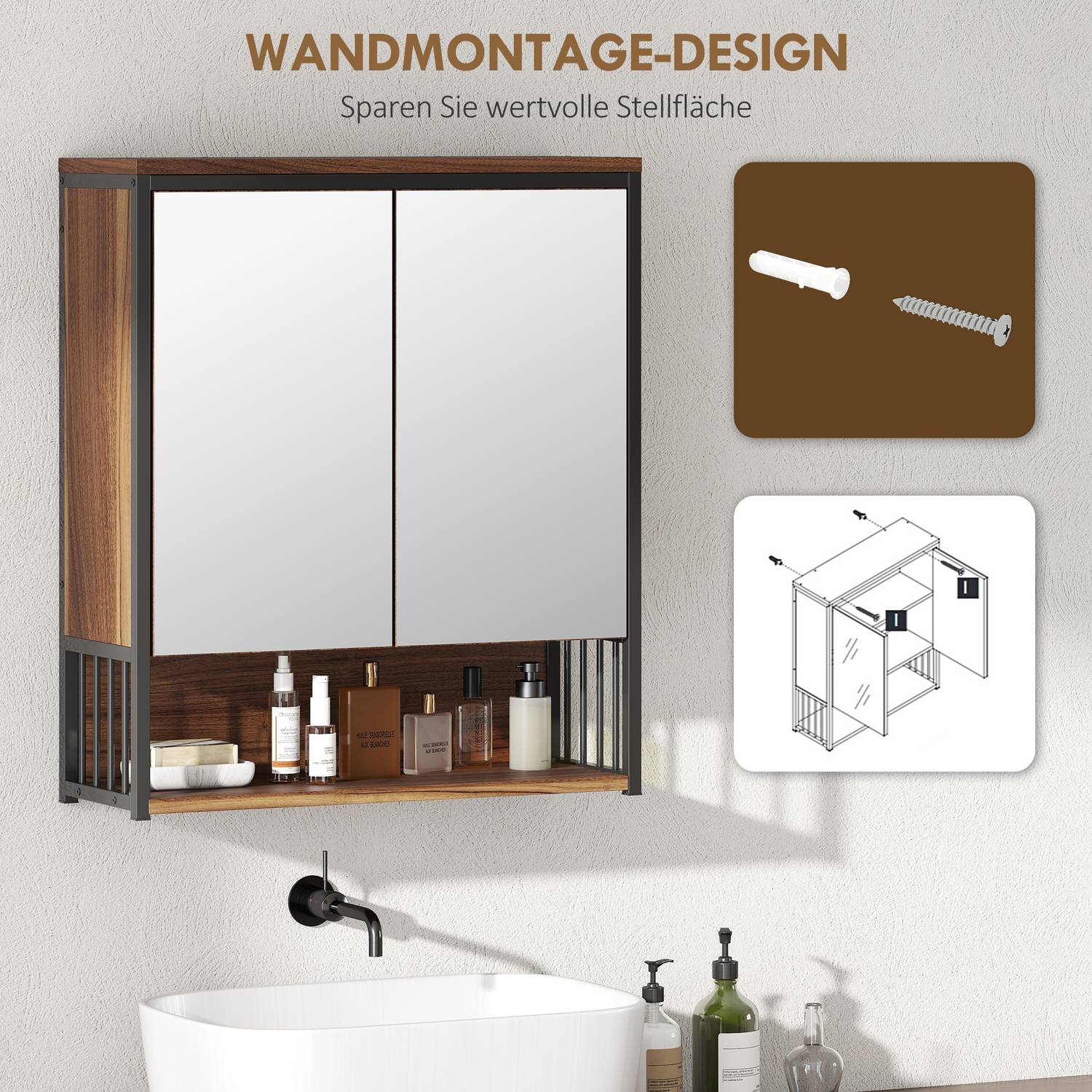 Badrumsspegelskåp, Väggmonterad, Soft-Close, Brun, MDF