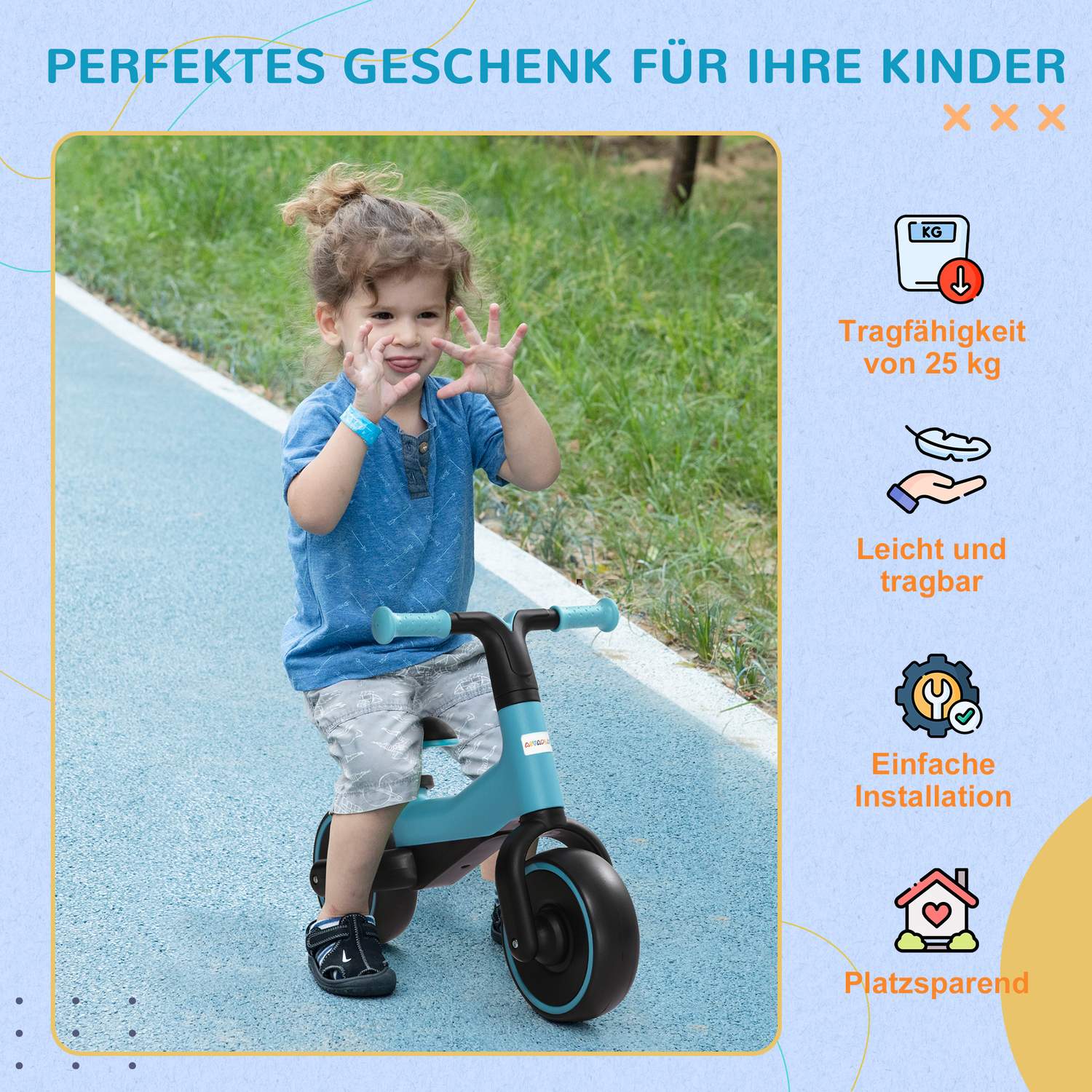 Balanscykel för barn – pedalfri, justerbar sits, 1,5-3 år, blå