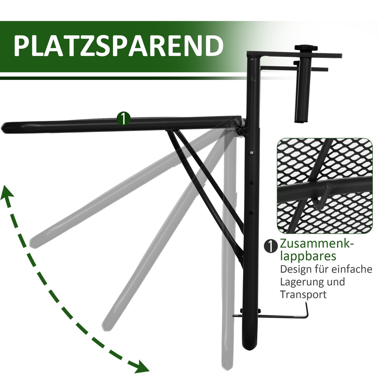 Balkong Justerbart fyrkantigt hängbord i metall, svart, 60x56,5x45cm
