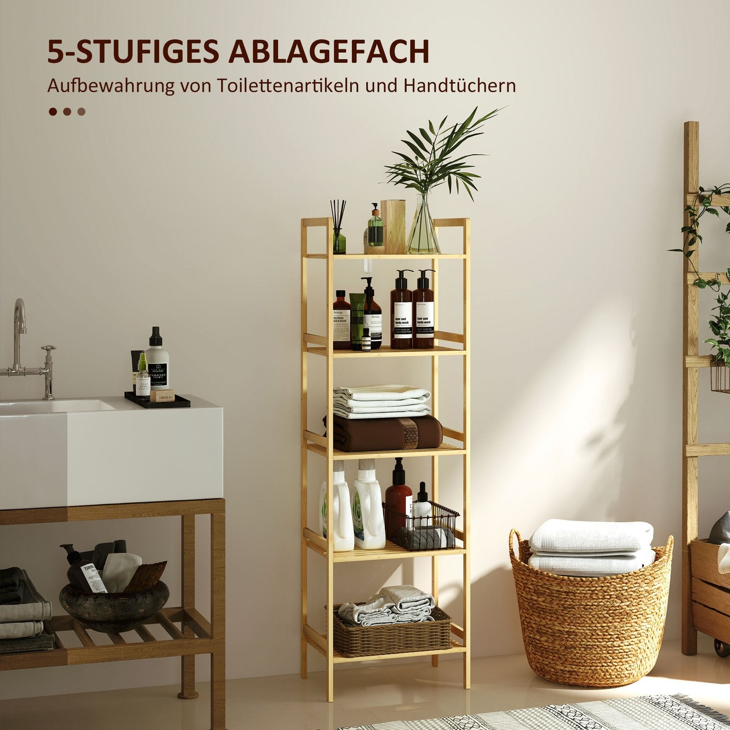 Bambu 5-vånings justerbar hylla, 43,5x31,5x142 cm – naturligt trä