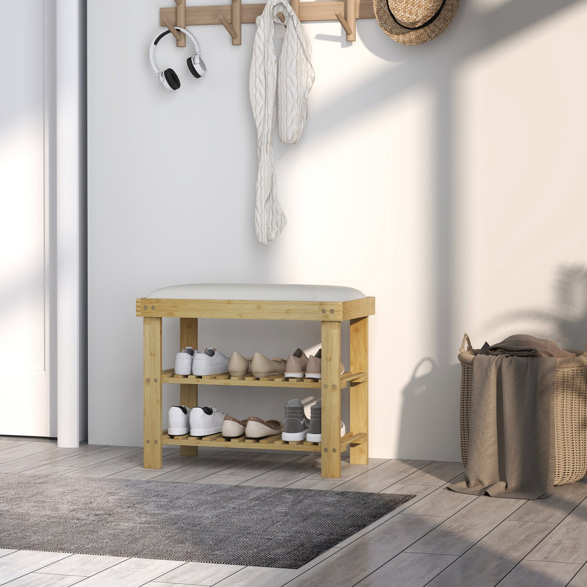 Bambu Skobänk med förvaring, Gräddvit, 60x29x49 cm