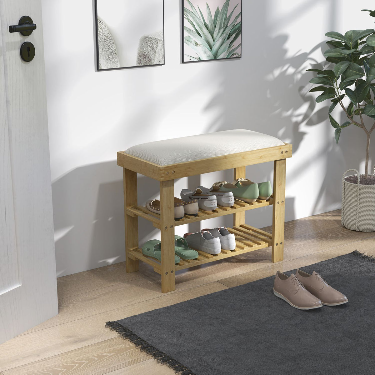 Bambu Skobänk med förvaring, Gräddvit, 60x29x49 cm