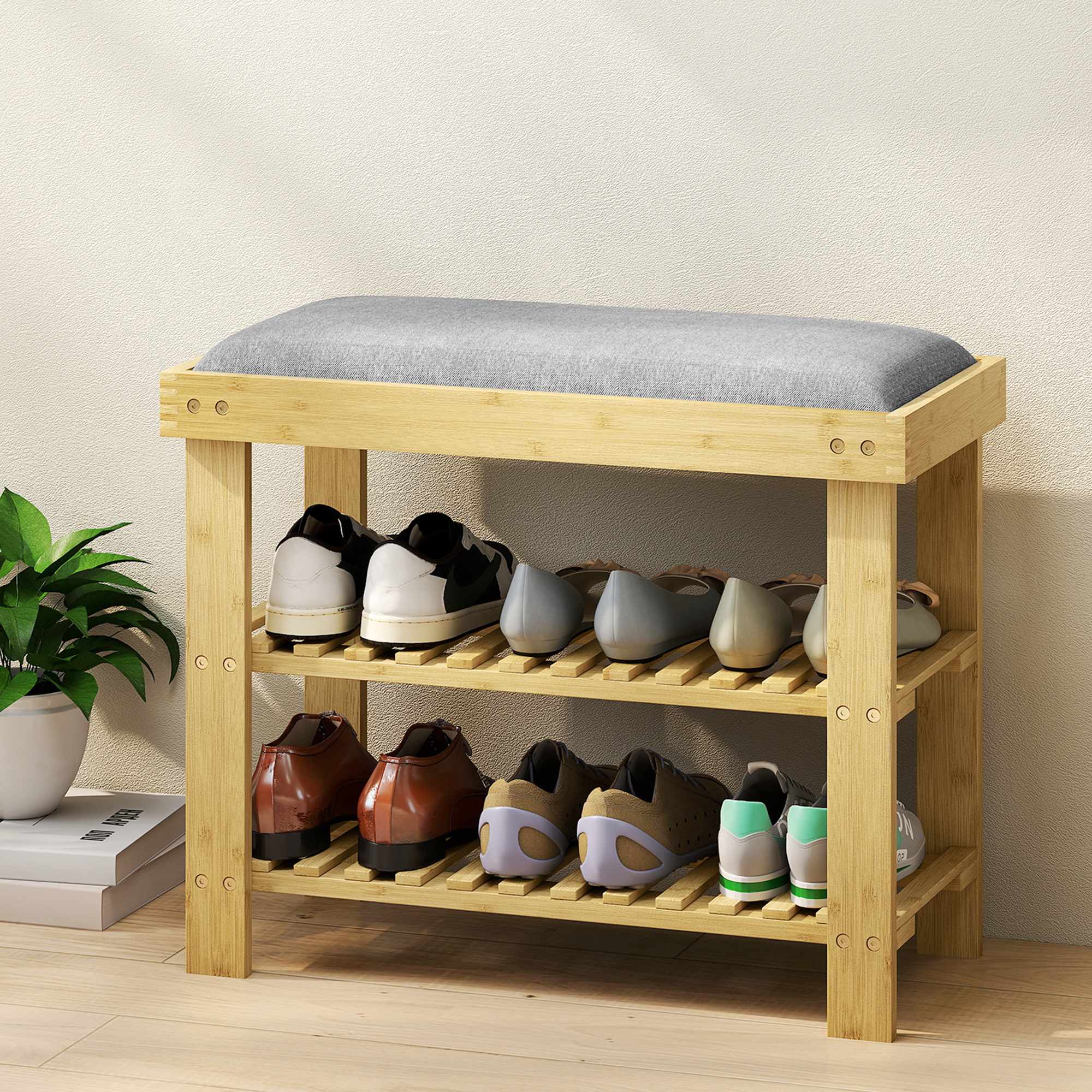 Bambuskobänk med förvaring, 2 hyllor, 60x29x49 cm, grå