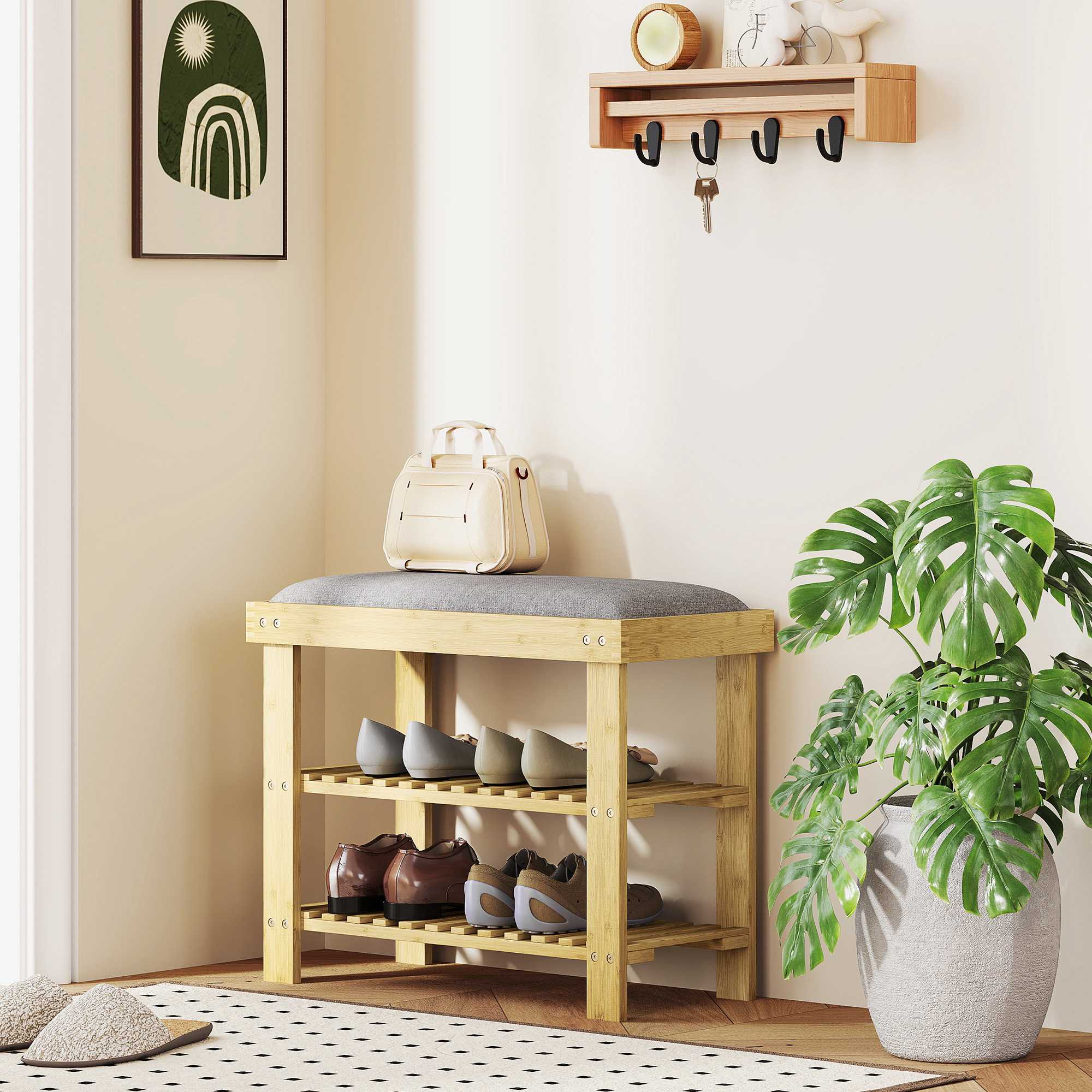 Bambuskobänk med förvaring, 2 hyllor, 60x29x49 cm, grå