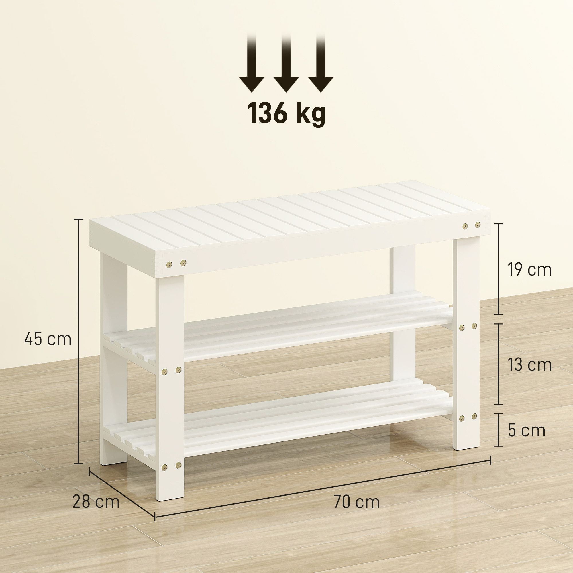 Bambuskobänk med förvaring, 2 hyllor, 70x28x45 cm, vit