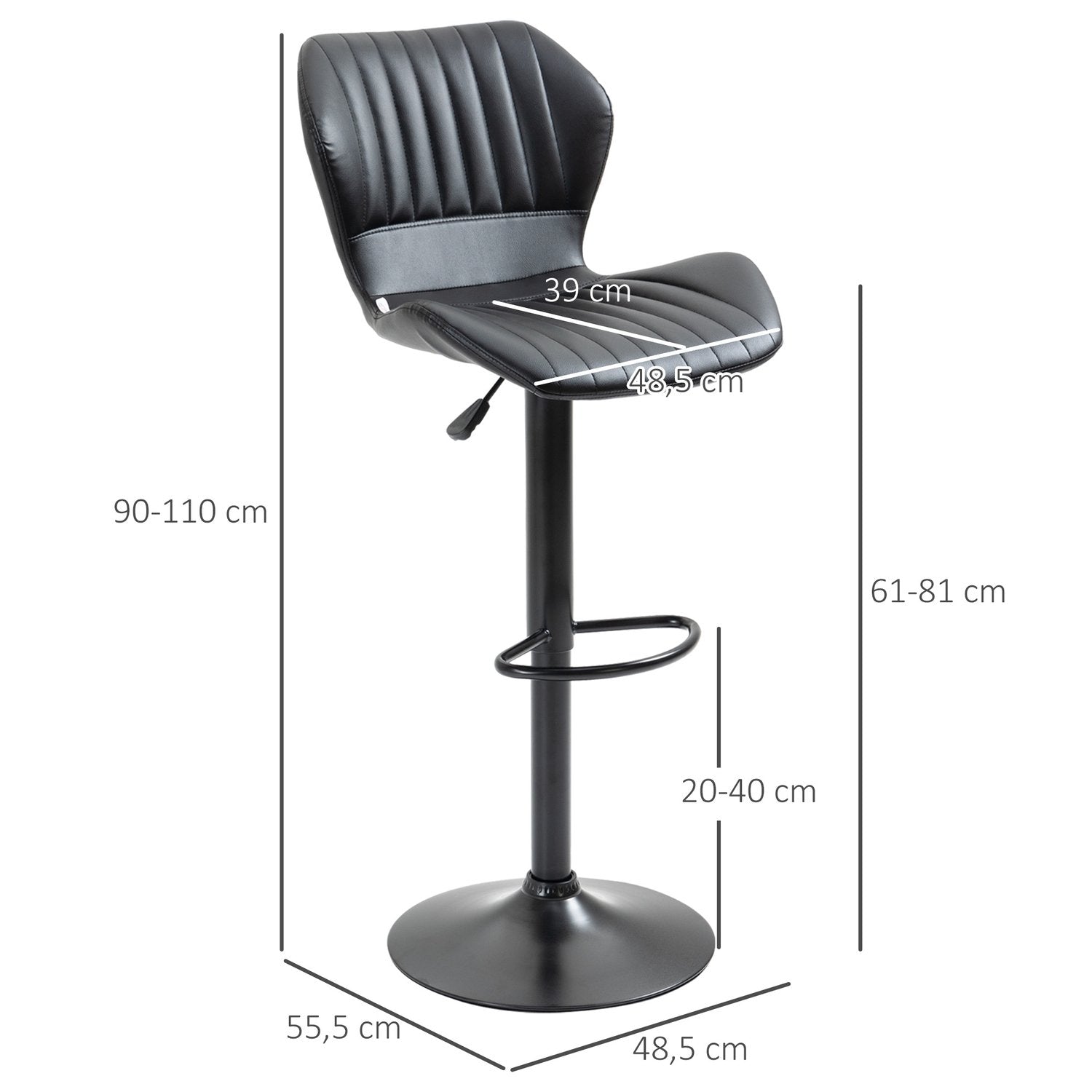 Barkrakker Høydejusterbart sett med 2 svingbare barkrakker 360° roterbar med ryggstøtte i kunstskinn 48,5X55,5X90-110 M