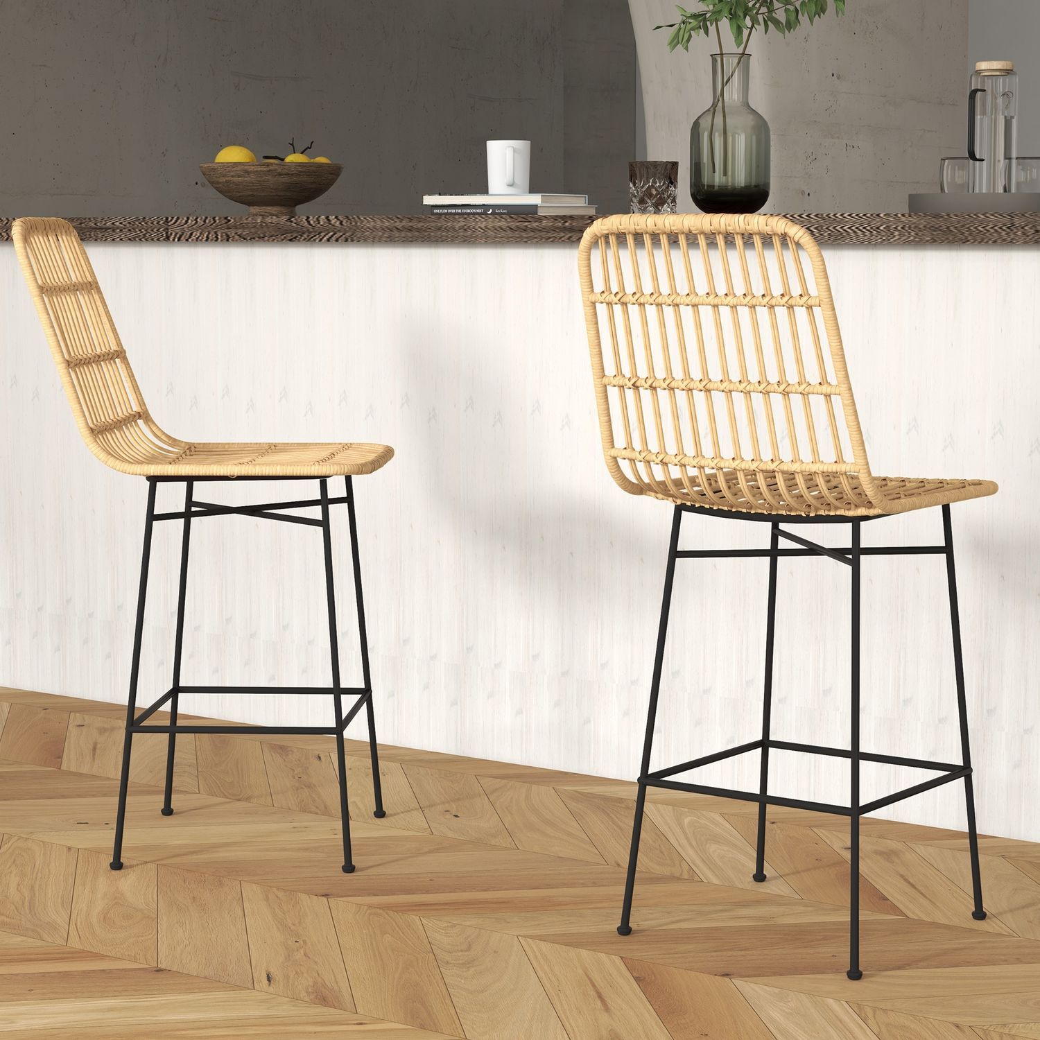 Barkrakker Sett med 2 Barkrakk Benk Krakk Ryggstøtte Pe Rattan Boho Design Kjøkkenkrakker Stål Gul