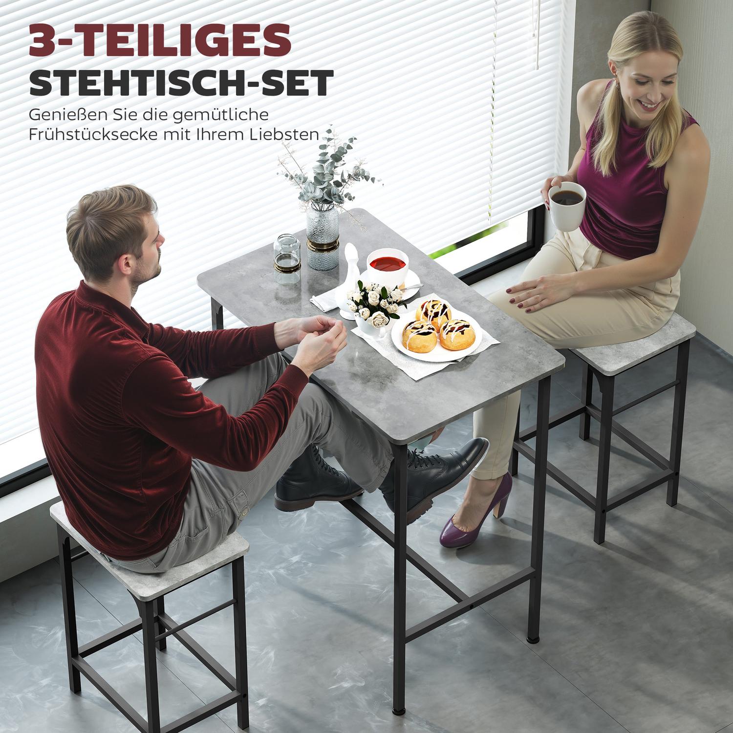 Barbordsset Barbord med barstolsset Matbord med 2 stolar med halkfri fotdyna Grå