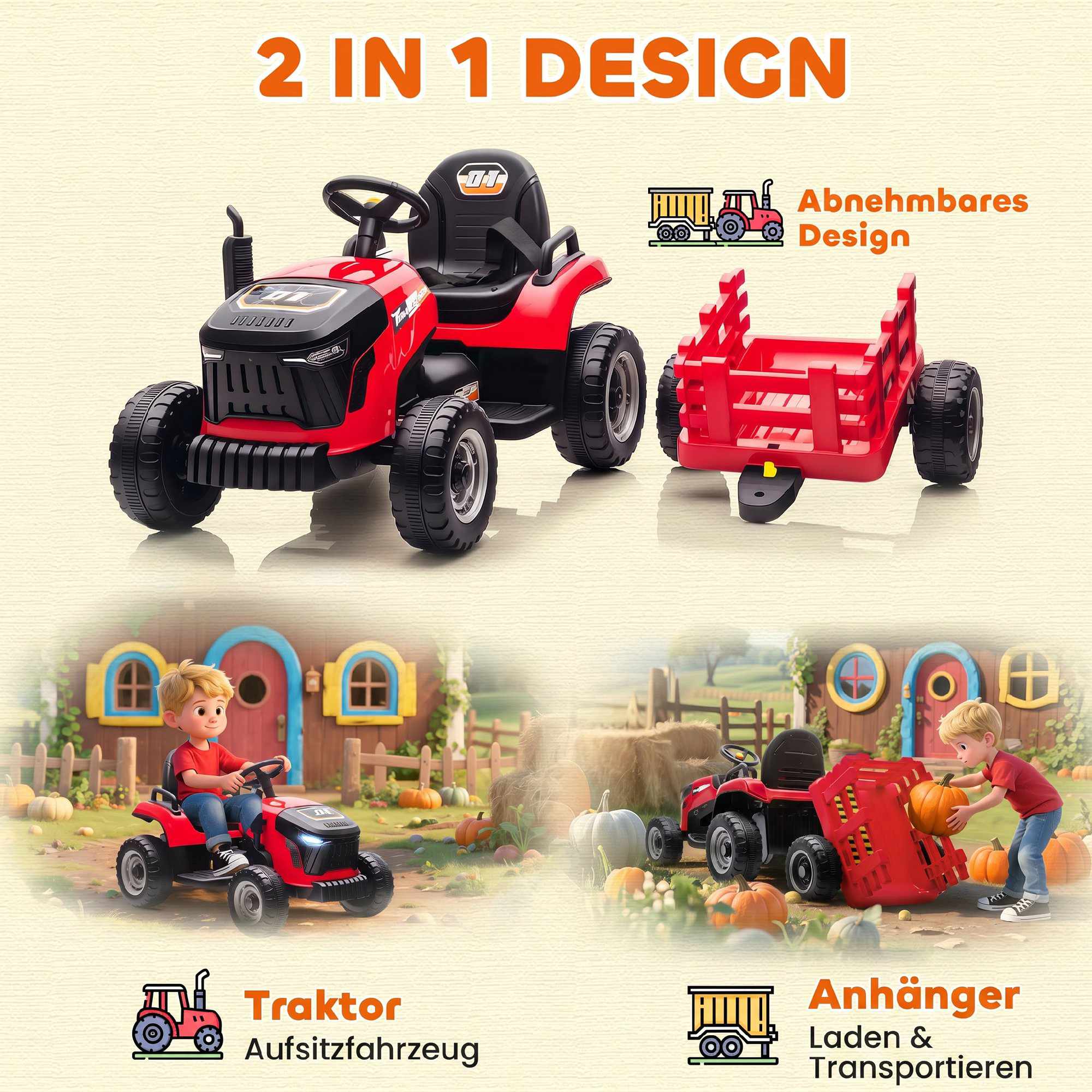 Barn 12V elektrisk åktraktor med fjärrkontroll, släpvagn, röd