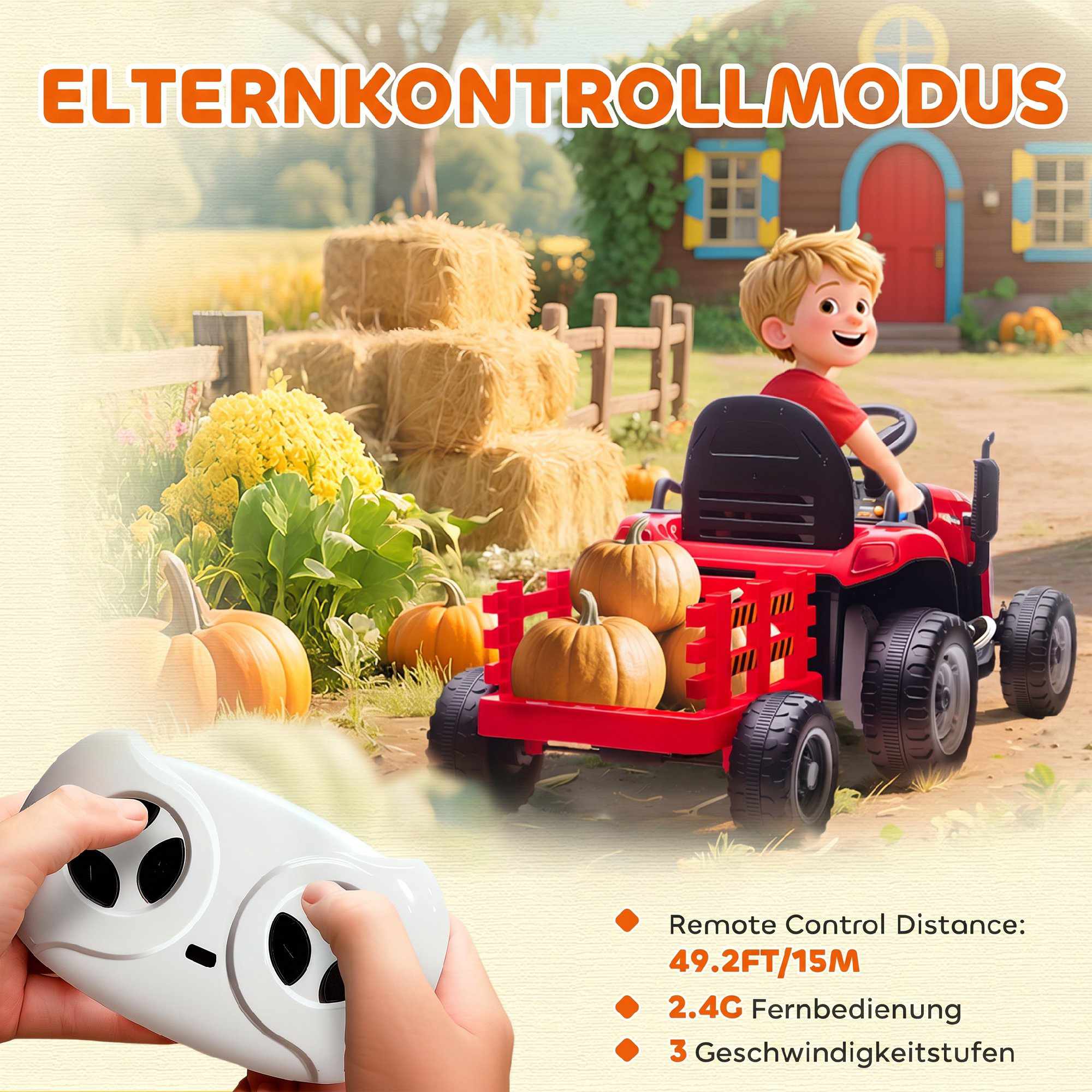 Barn 12V elektrisk åktraktor med fjärrkontroll, släpvagn, röd