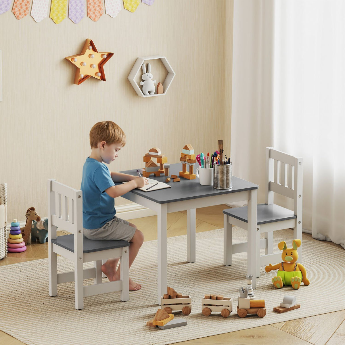 Barnesett med bord og stoler, 3 deler, grått, tre