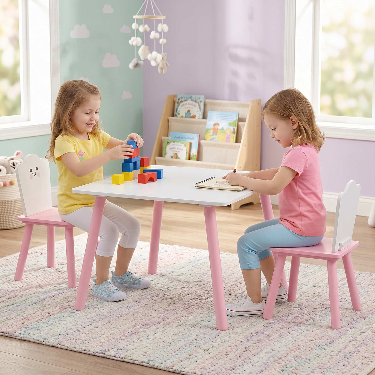 Barnesett med bord og stoler, 3 deler, rosa og hvitt