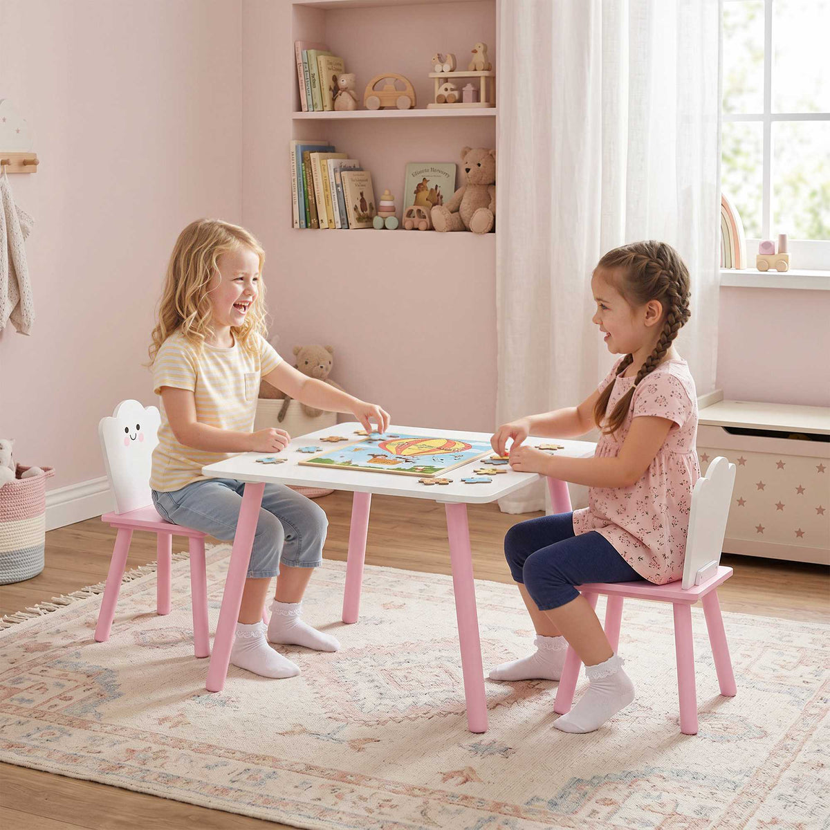 Barnesett med bord og stoler, 3 deler, rosa og hvitt