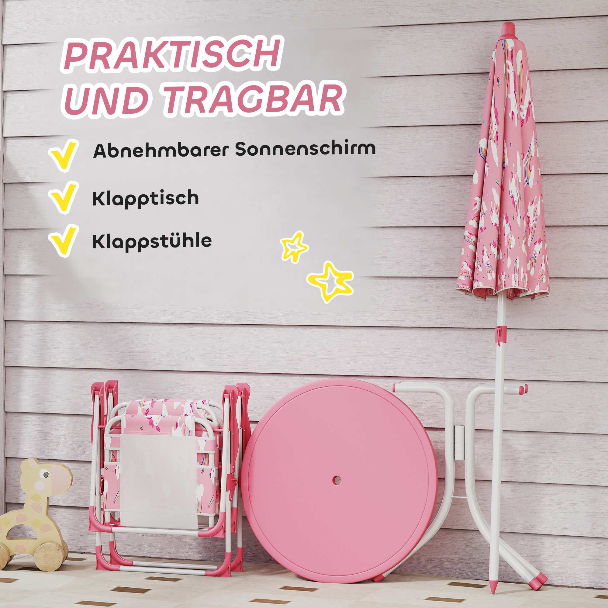 Barnbordsset med parasoll, rosa, 4 delar