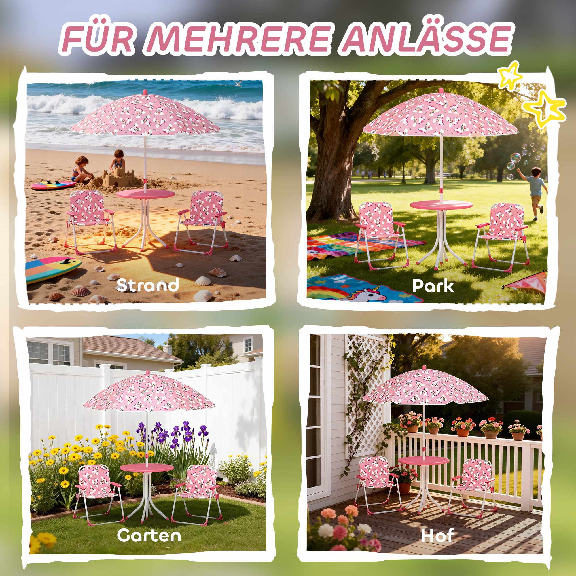 Barnbordsset med parasoll, rosa, 4 delar