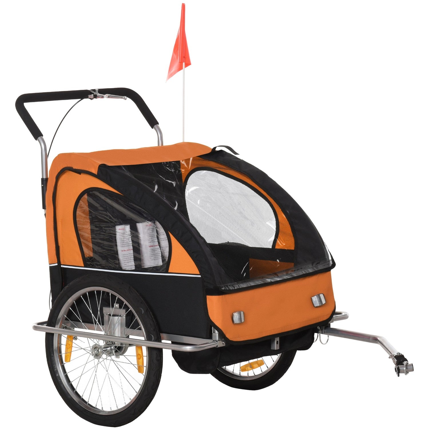 Barncykelvagn för 2 med flagga, regnskydd, stål