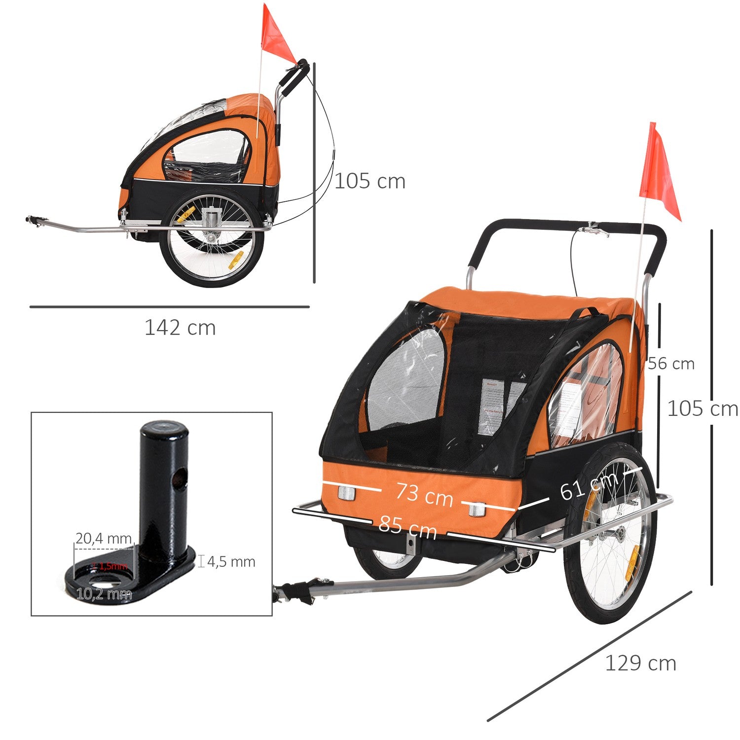 Barncykelvagn för 2 med flagga, regnskydd, stål