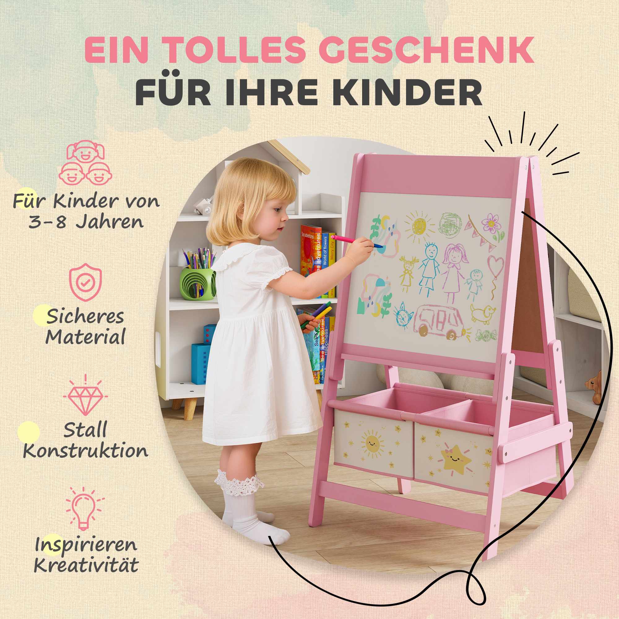 Barnens 3-i-1-staffli med griffeltavla, whiteboard, rosa