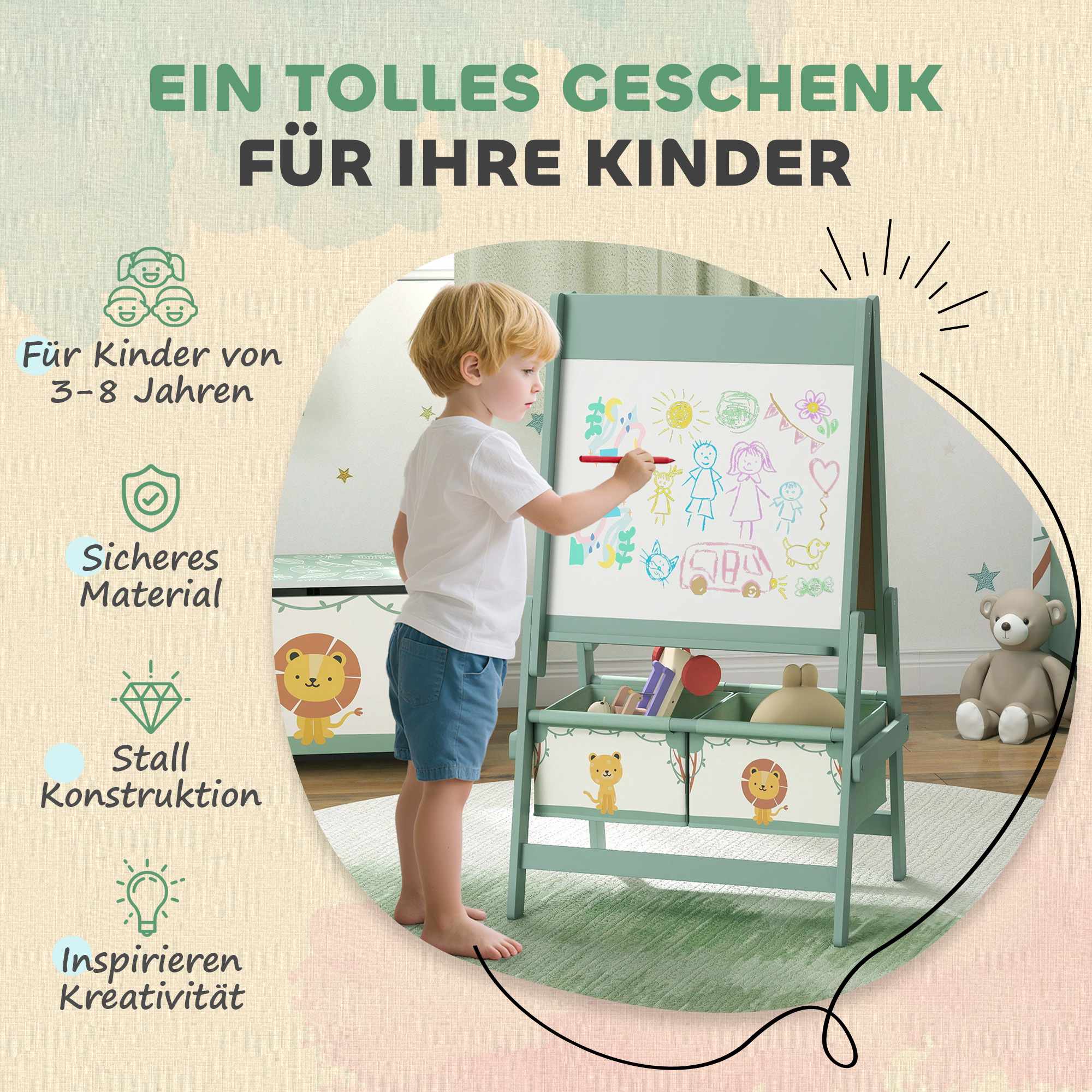 Barnens 3-i-1-staffli med svarta tavlor, whiteboard och pappersrulle