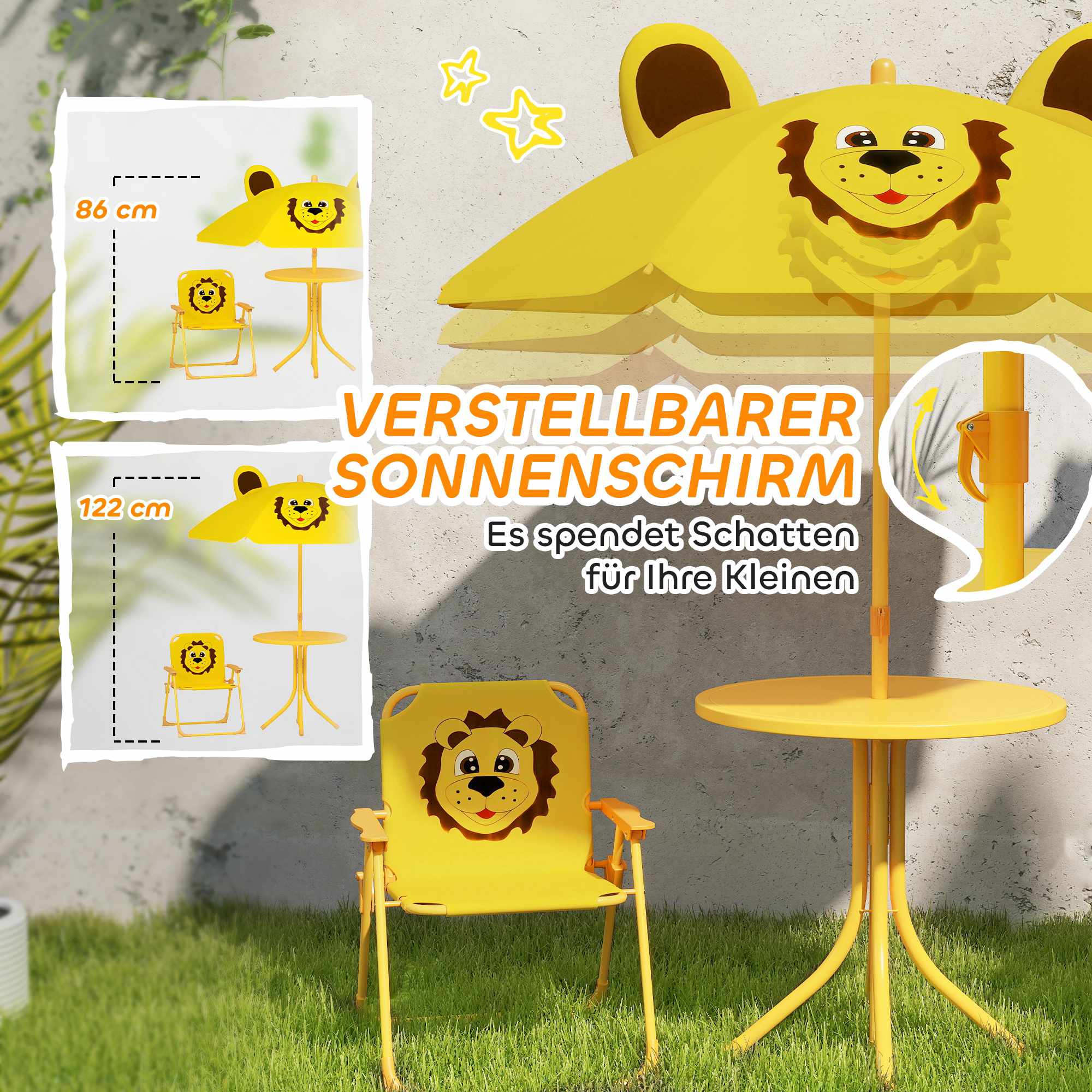 Barnens trädgårdsmöbelset, lejondesign, gul