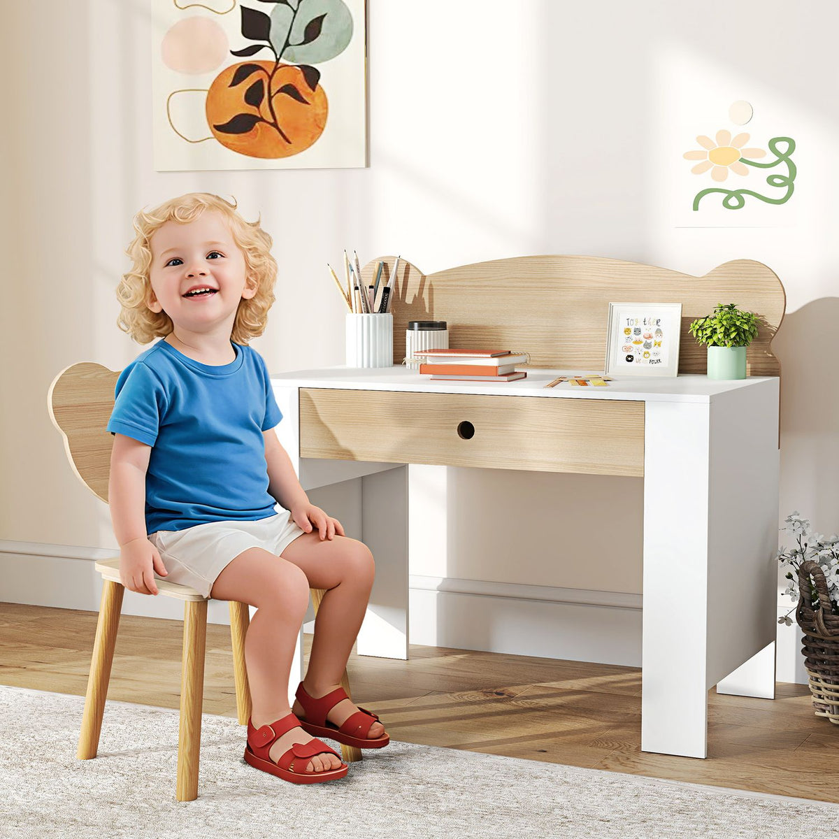 Barneskrivebordsett, bjørneformet skrivebord og stol med skuff, for skriving og hobbyarbeid, 3–8 år, naturlig tre
