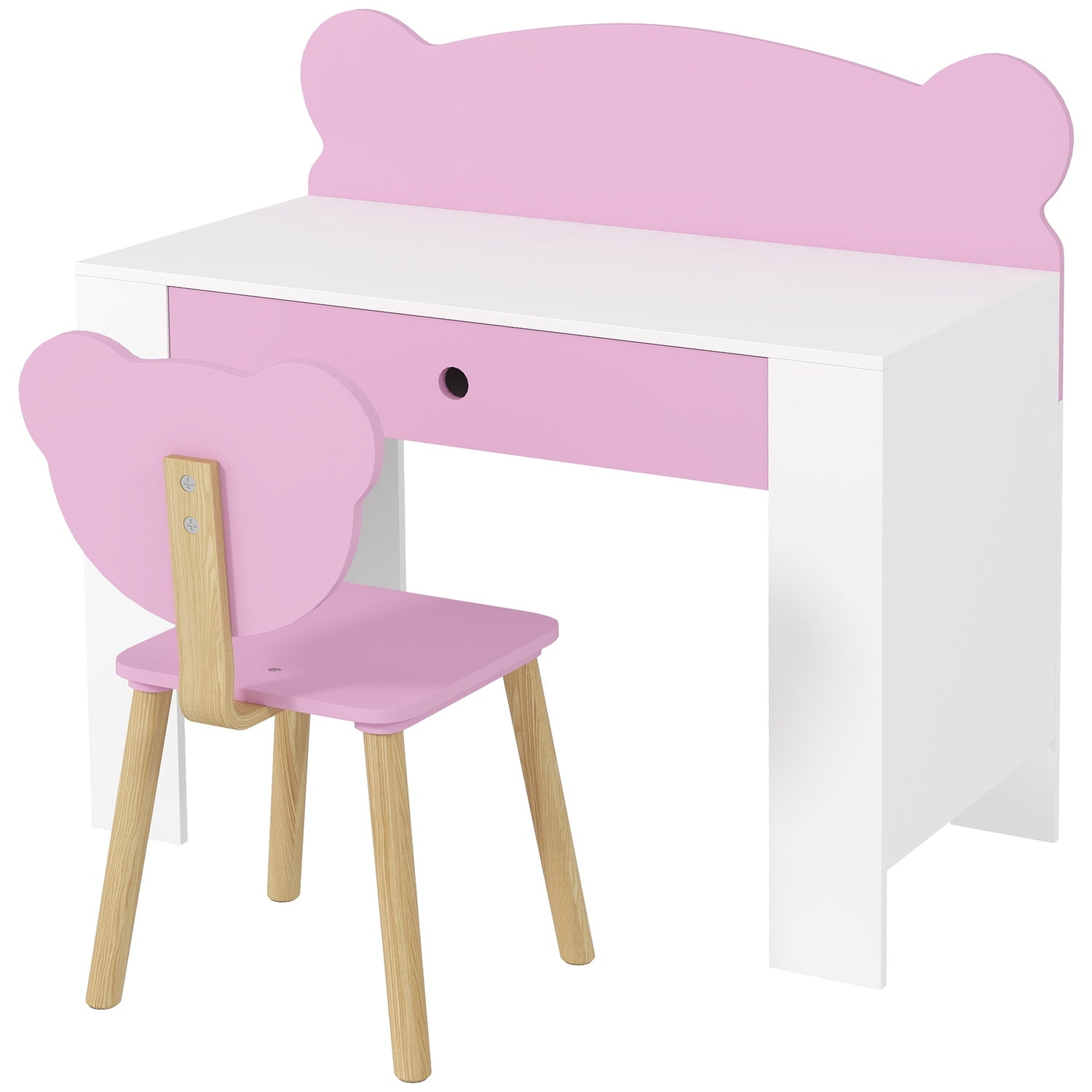 Barnskrivbordsset, björnformat skrivbord och stol med låda, för att skriva och pyssla, 3-8 år, rosa