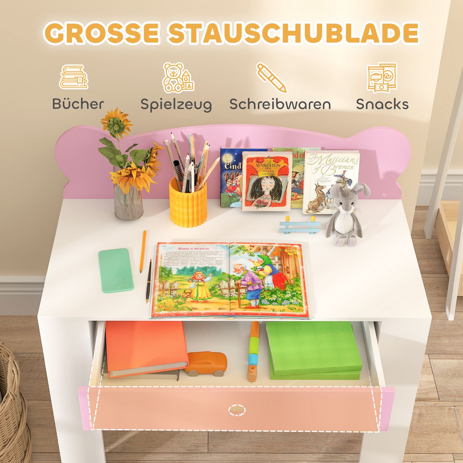 Barnskrivbordsset, björnformat skrivbord och stol med låda, för att skriva och pyssla, 3-8 år, rosa