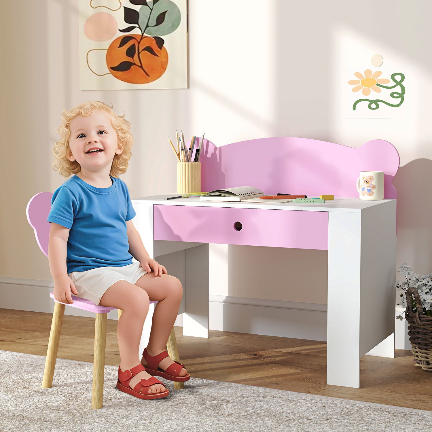 Barnskrivbordsset, björnformat skrivbord och stol med låda, för att skriva och pyssla, 3-8 år, rosa