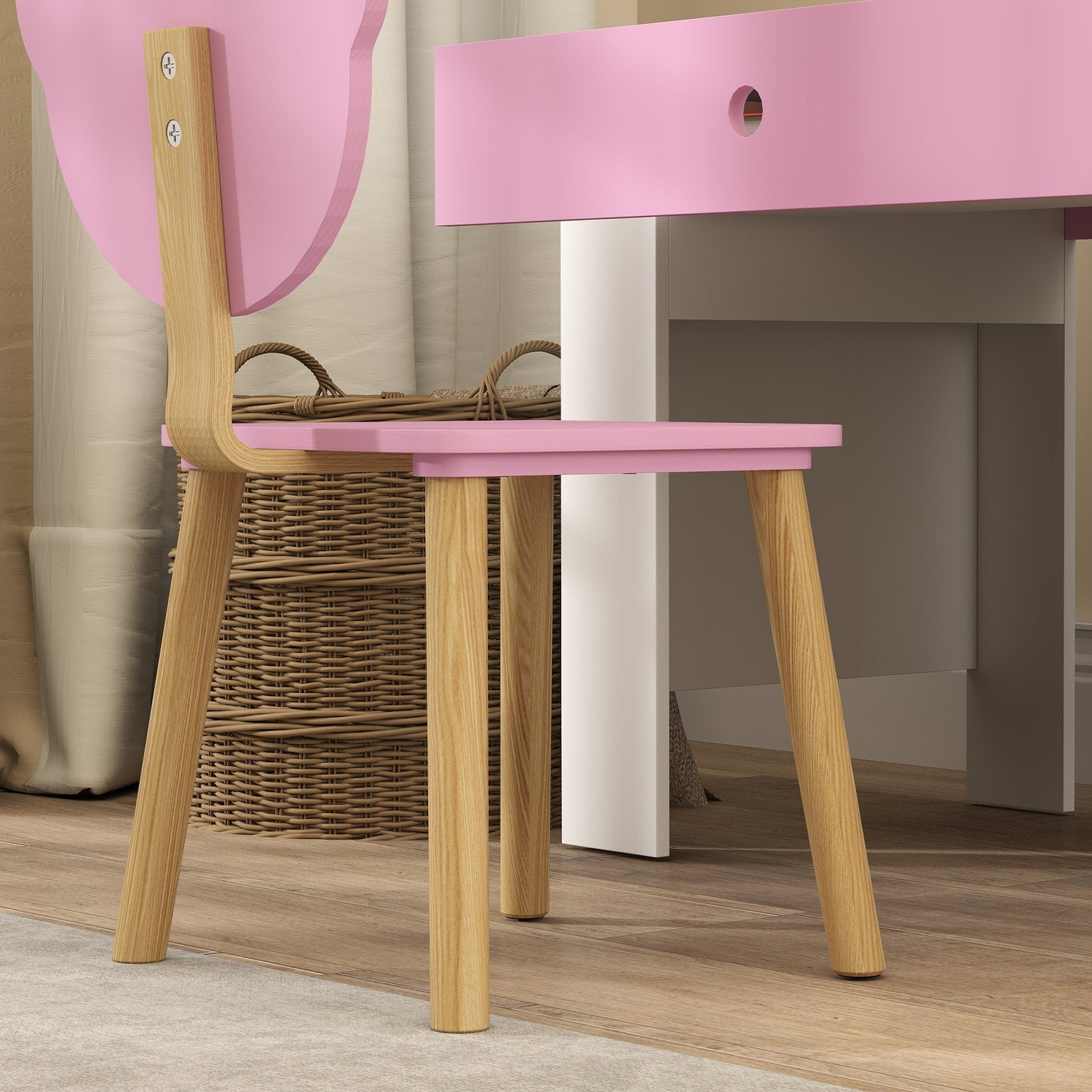 Barnskrivbordsset, björnformat skrivbord och stol med låda, för att skriva och pyssla, 3-8 år, rosa