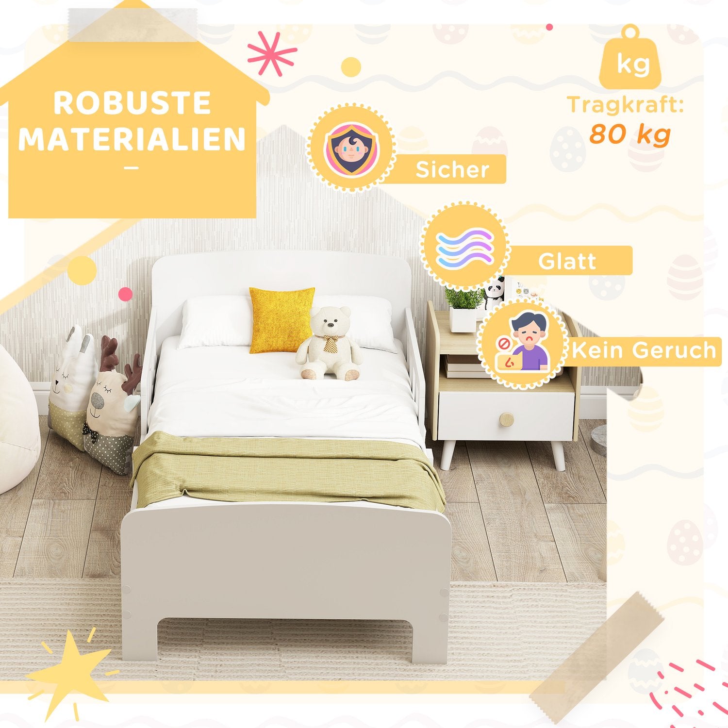 Barnsäng med säkerhetsräcken, MDF, åldrar 3-8, vit