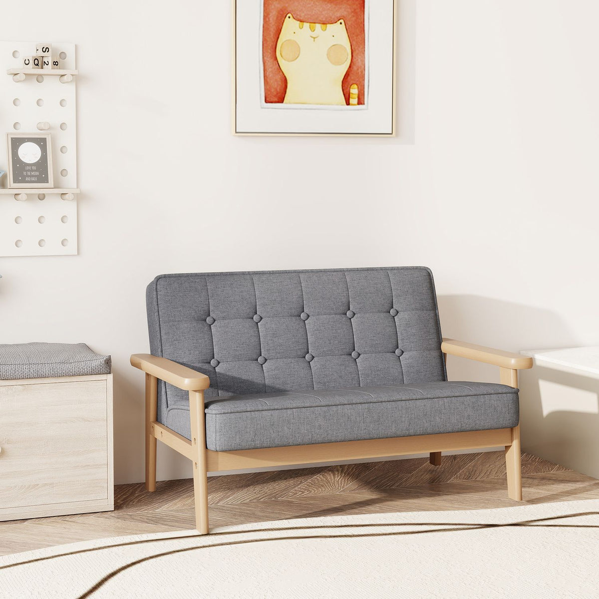 Barnsoffa, sammetslook, träram, 3–15 år, grå