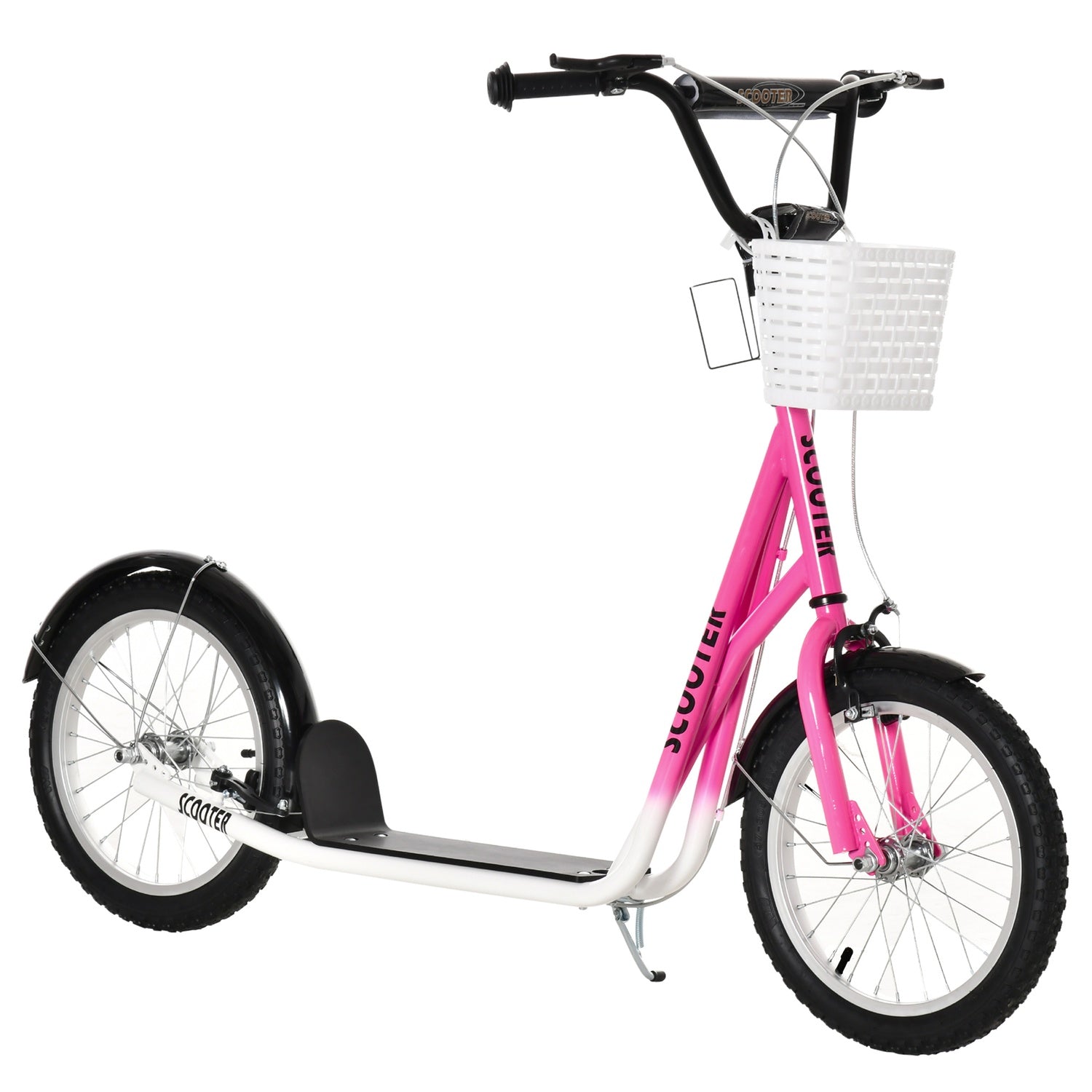 Barnsparkcykel i rosa och vit, justerbar höjd, med korg