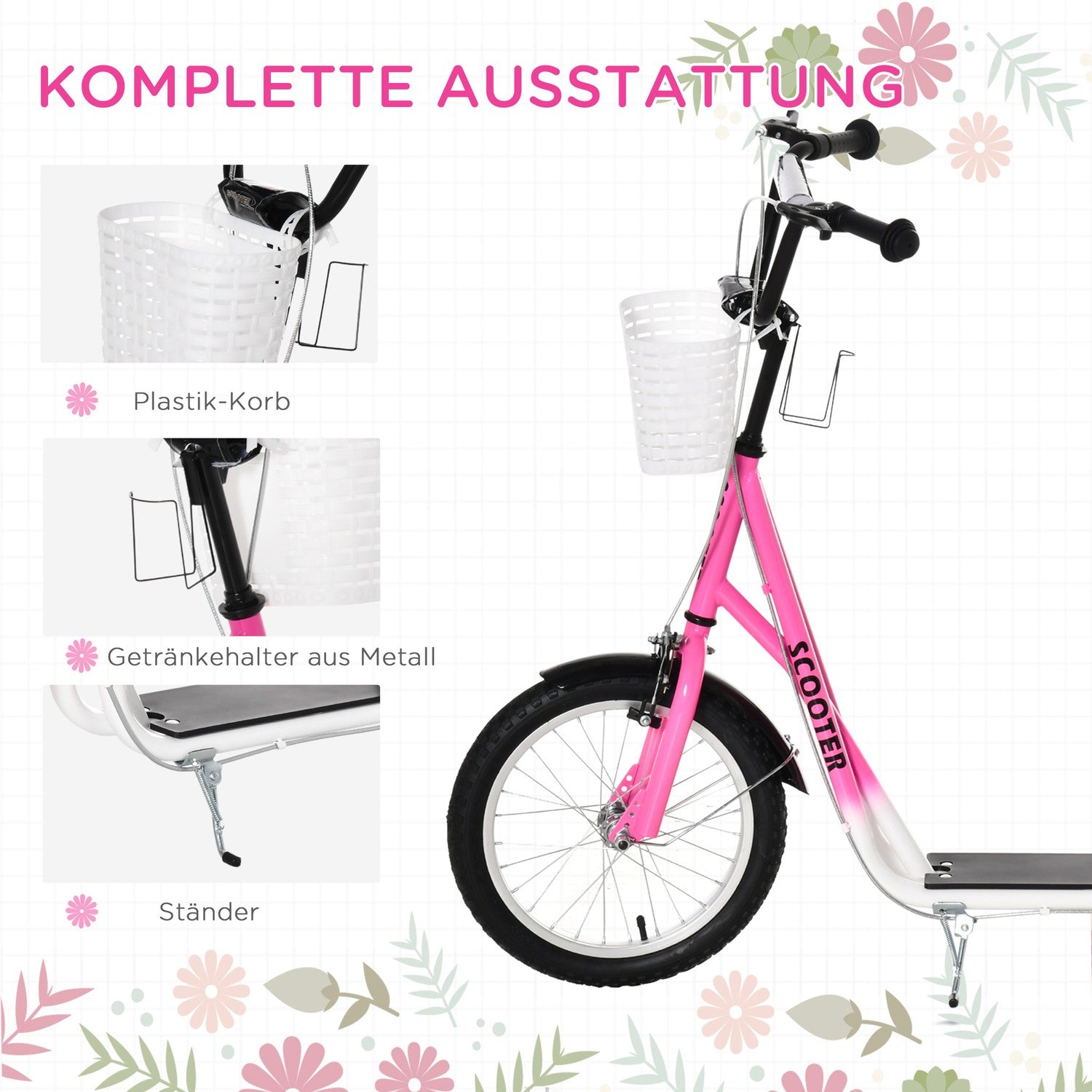 Barnsparkcykel i rosa och vit, justerbar höjd, med korg