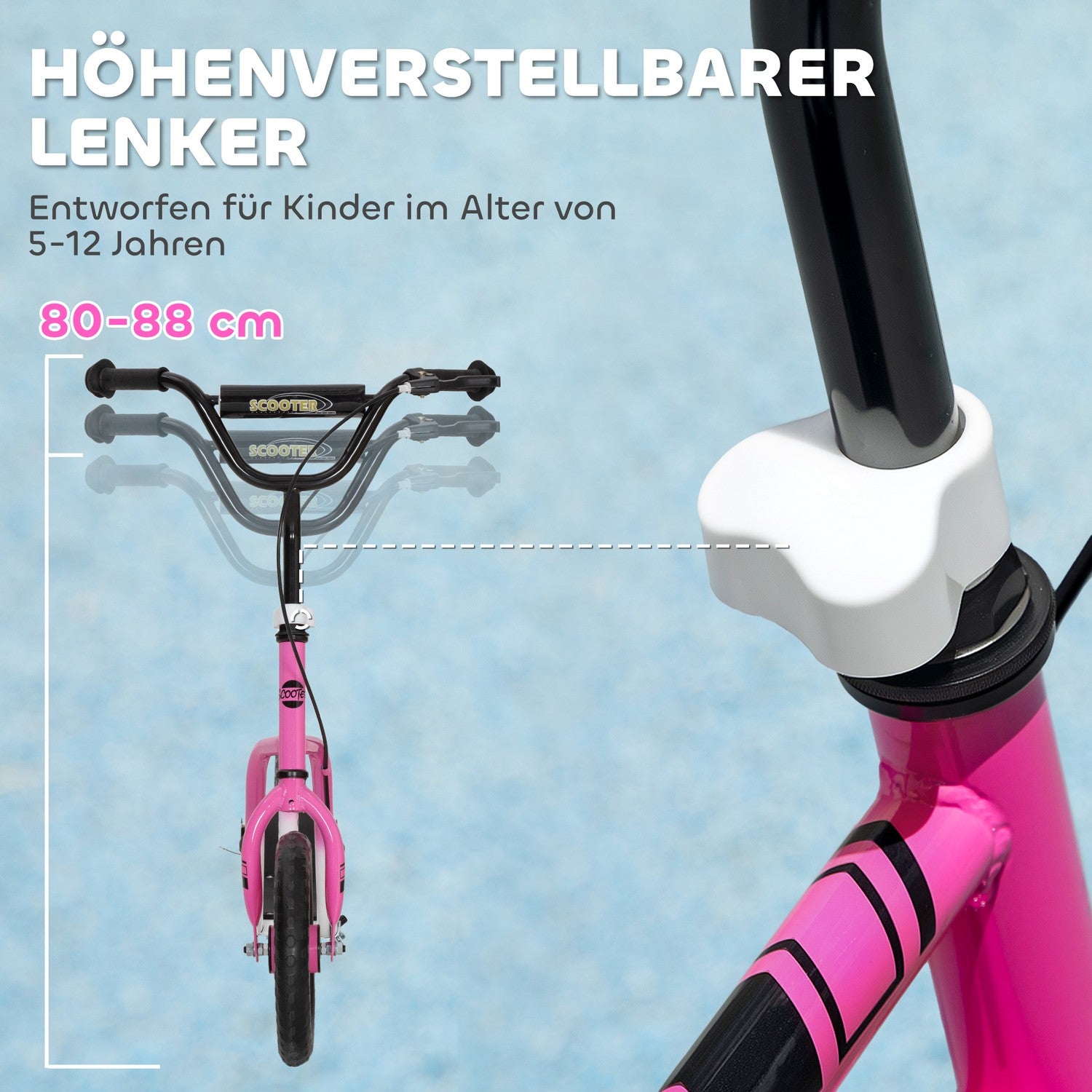 Barnsparkcykel, justerbart styre, stora hjul, rosa