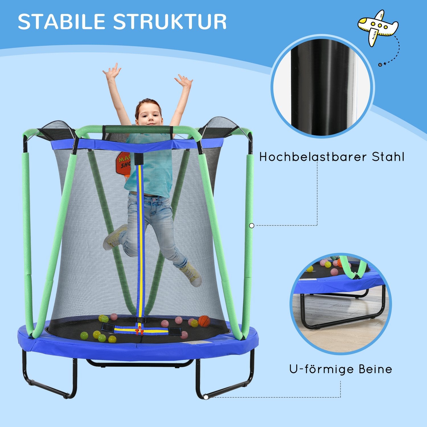 Barnstudsmatta med skyddsnät & basketbåge, 140 cm