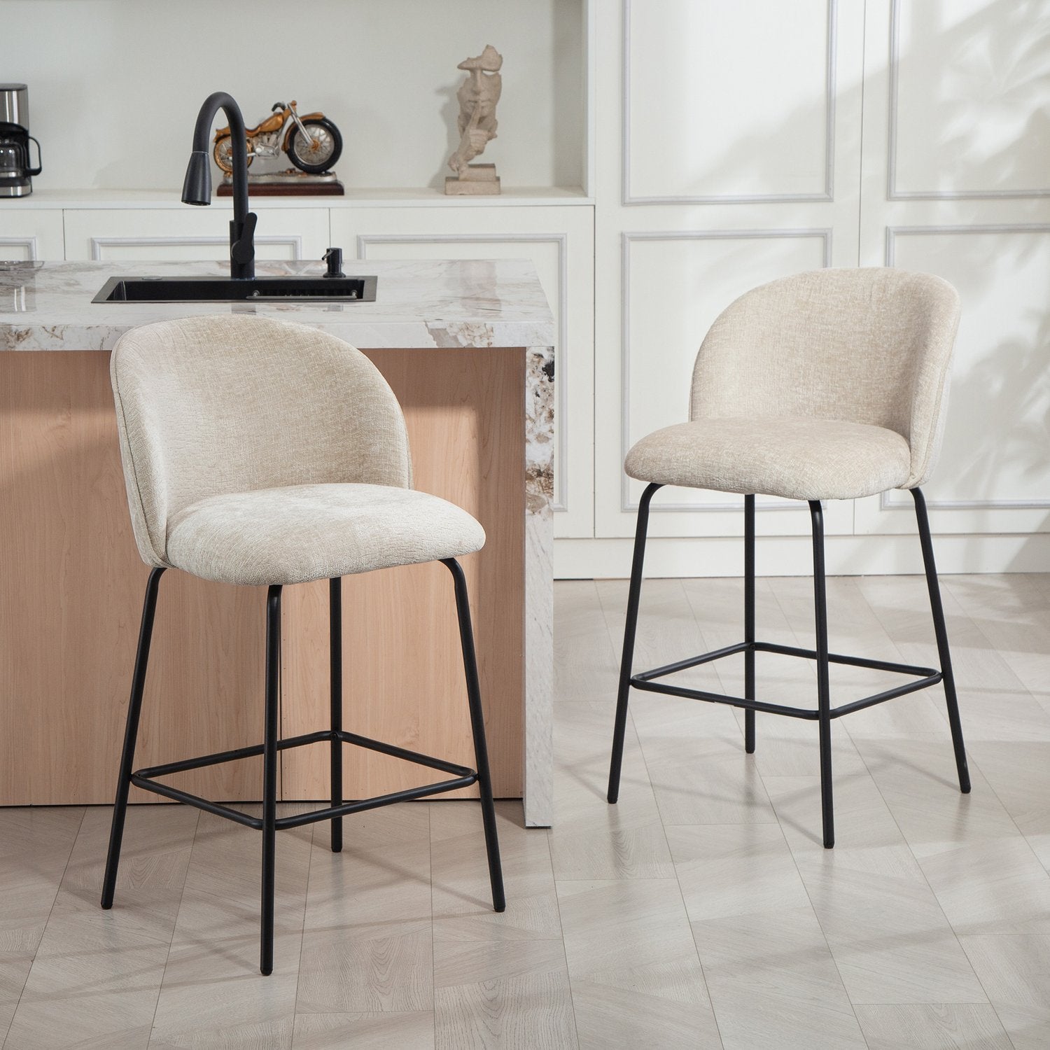 Barstolar Set om 2, Ryggstöd och Fotstöd, Beige