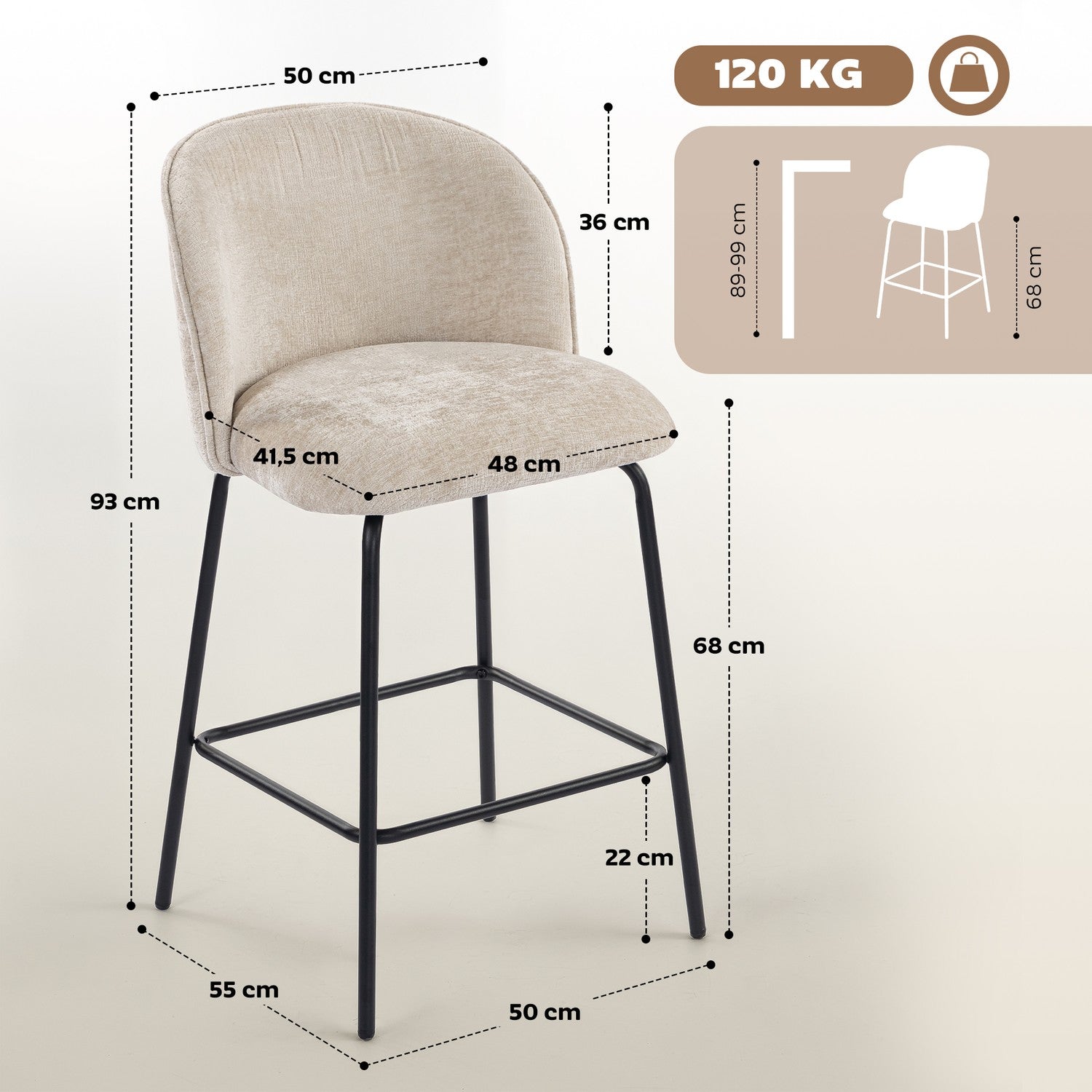 Barstolar Set om 2, Ryggstöd och Fotstöd, Beige