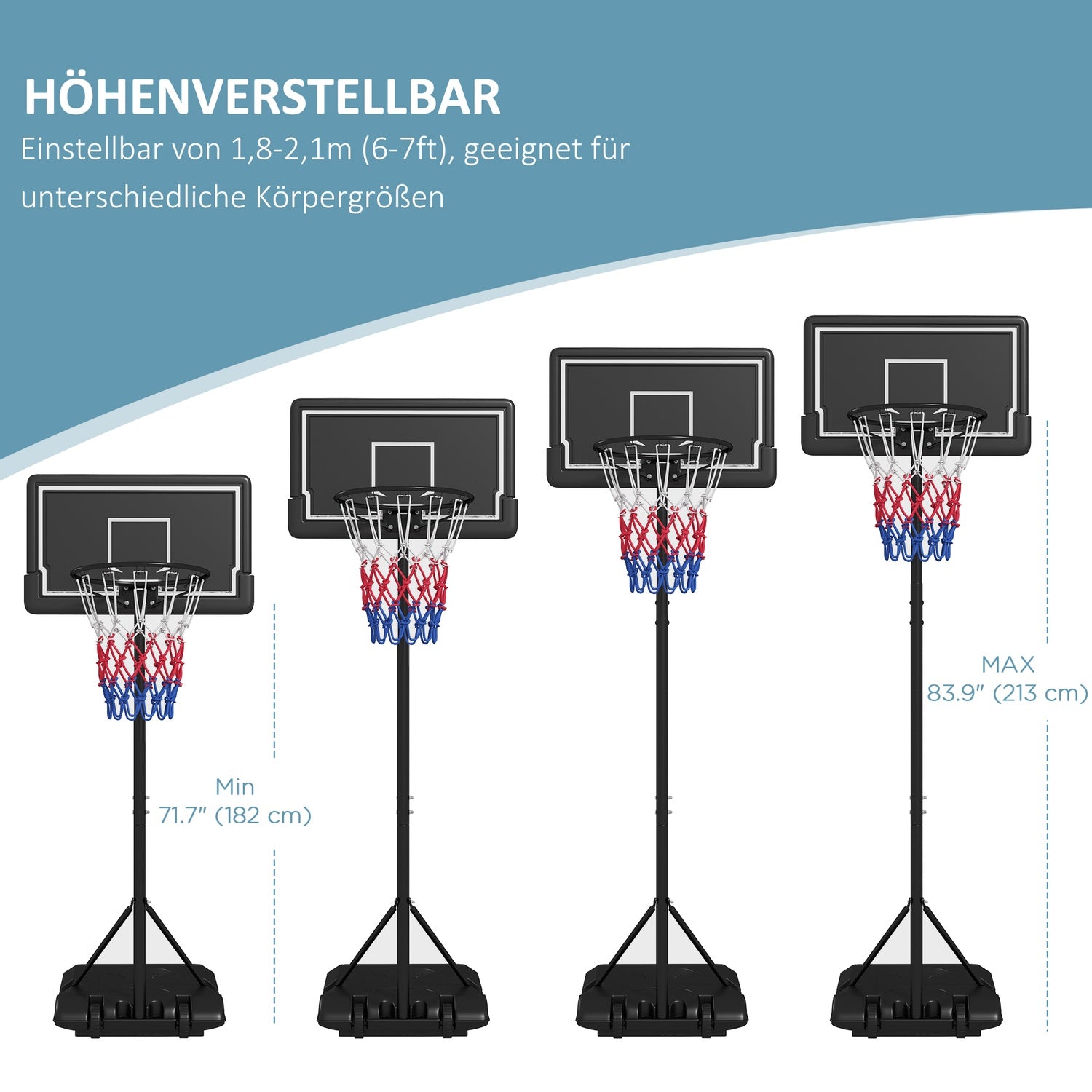 Justerbar basketbåge med stativ och hjul, 220-250 cm
