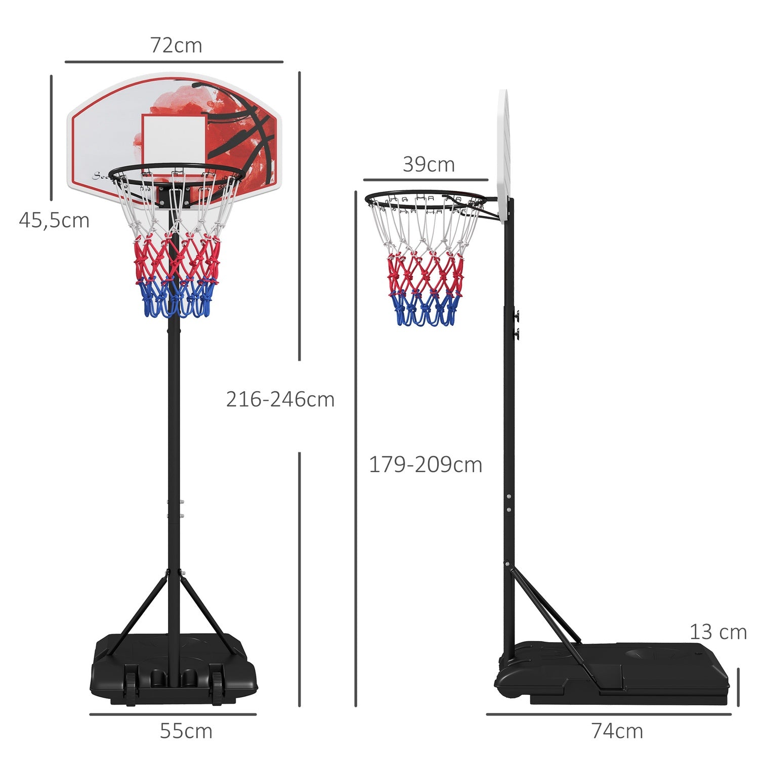 Justerbar utomhusbasketbåge med hjul – stål, flerfärgad
