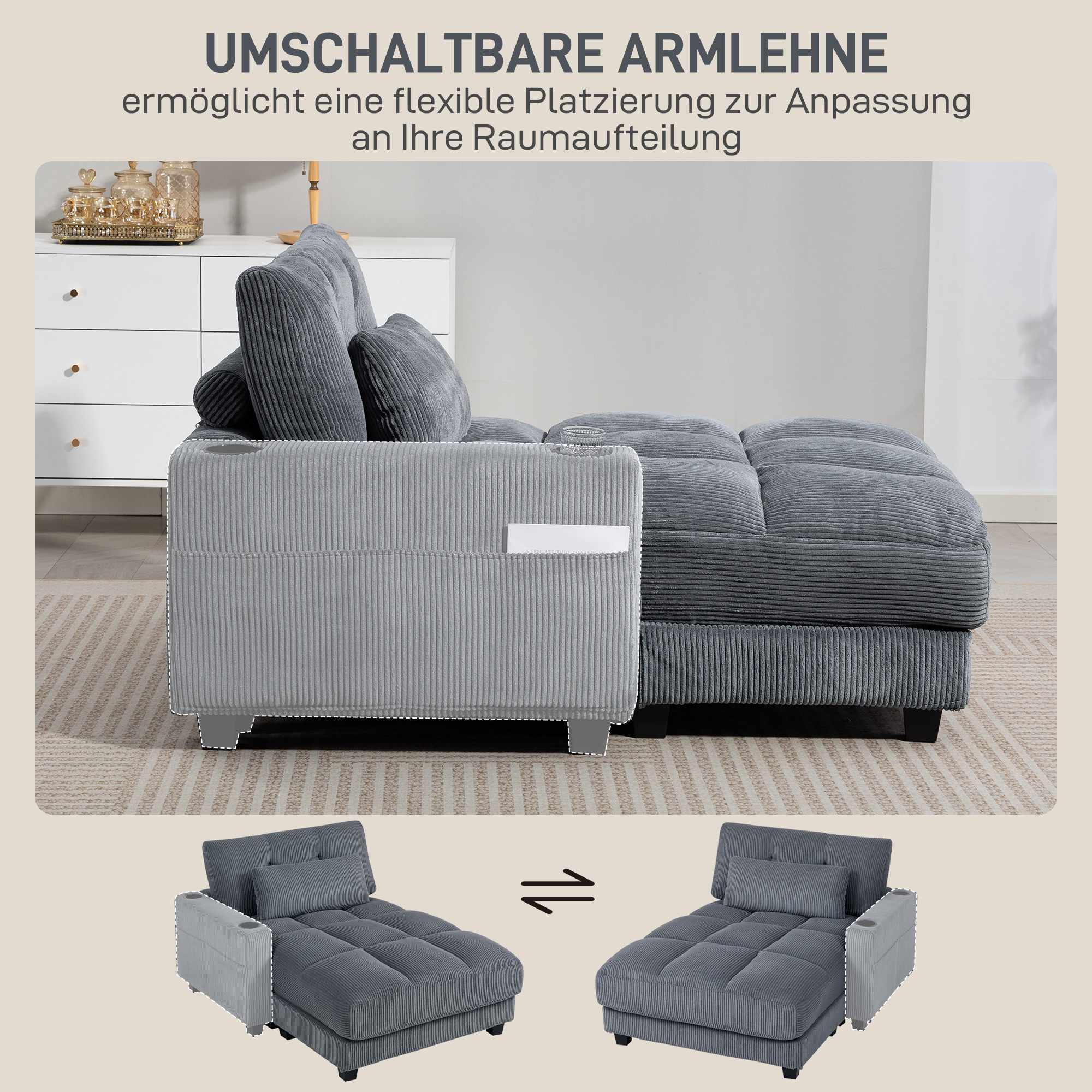 Bäddsoffa med mugghållare, djup sits, mörkgrå sladd