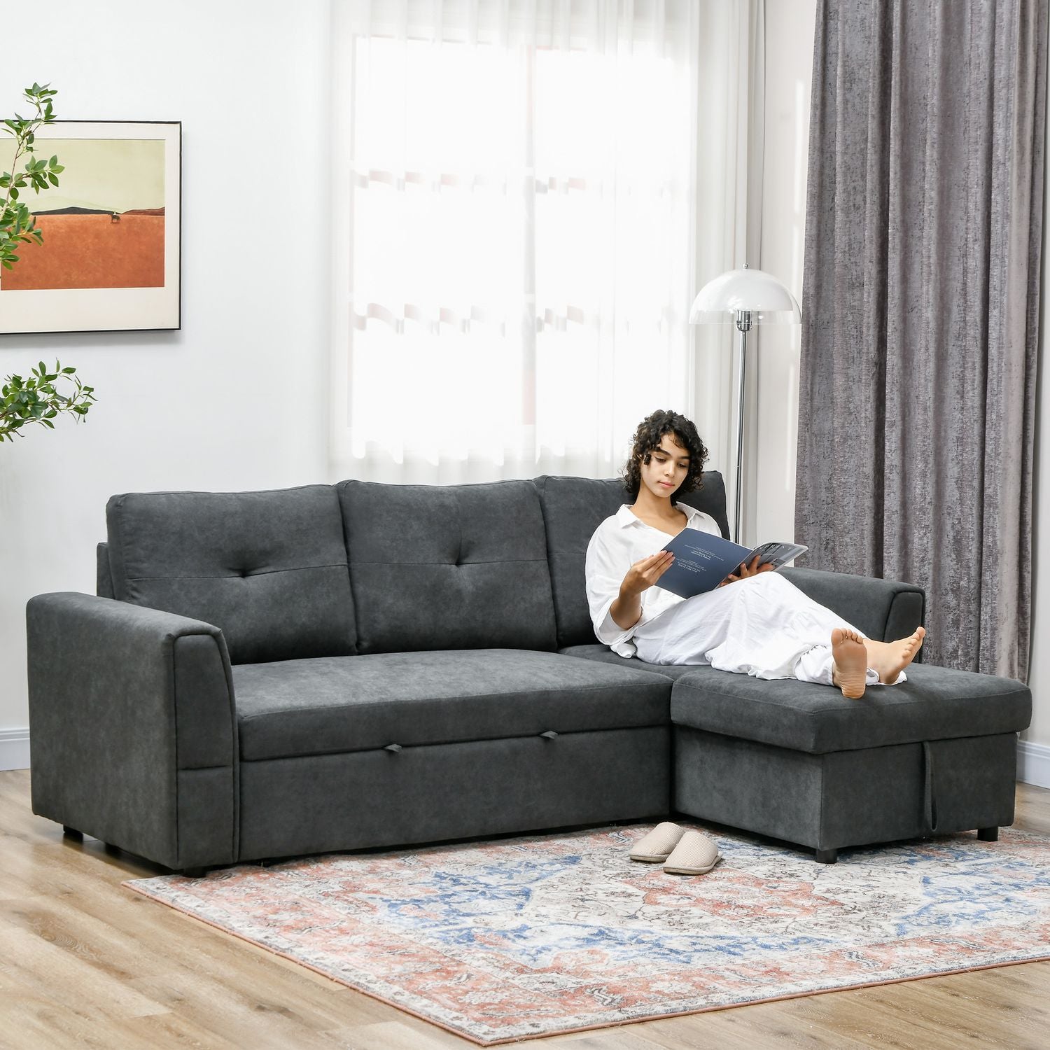 Bäddsoffa med schäslong, 3-sits, mörkgrå